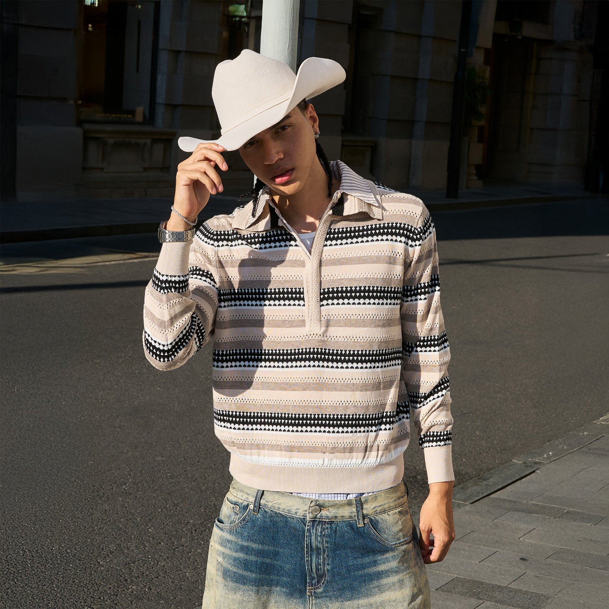 STEEPC Stripe Faux-Layered Polo Sweater-Sweater-S-Free Shipping Leatheretro