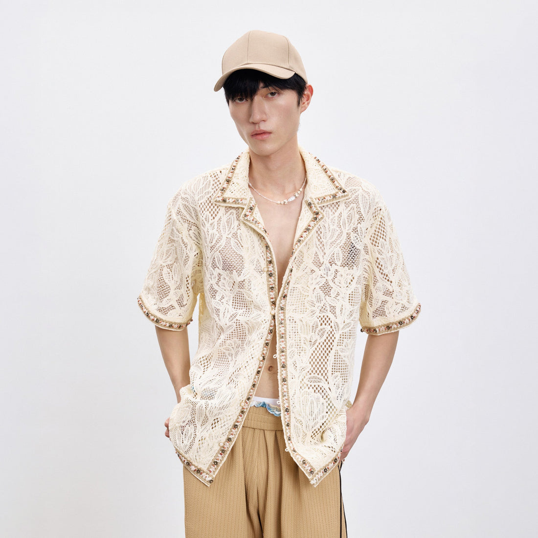 TUIMU Beaded Trim Open-Knit Jacquard Half Shirt-Shirt-S (Preorder)-Free Shipping Leatheretro