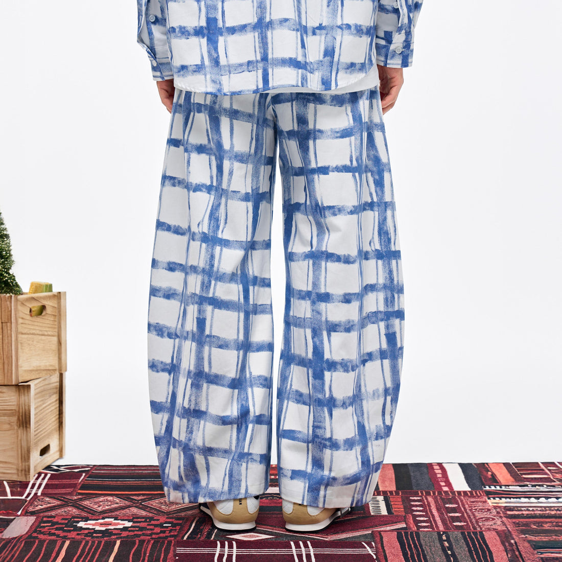 OVERLAPS Brush-Paint Grid Wide-Leg Pants-Pants-XS-Free Shipping Leatheretro