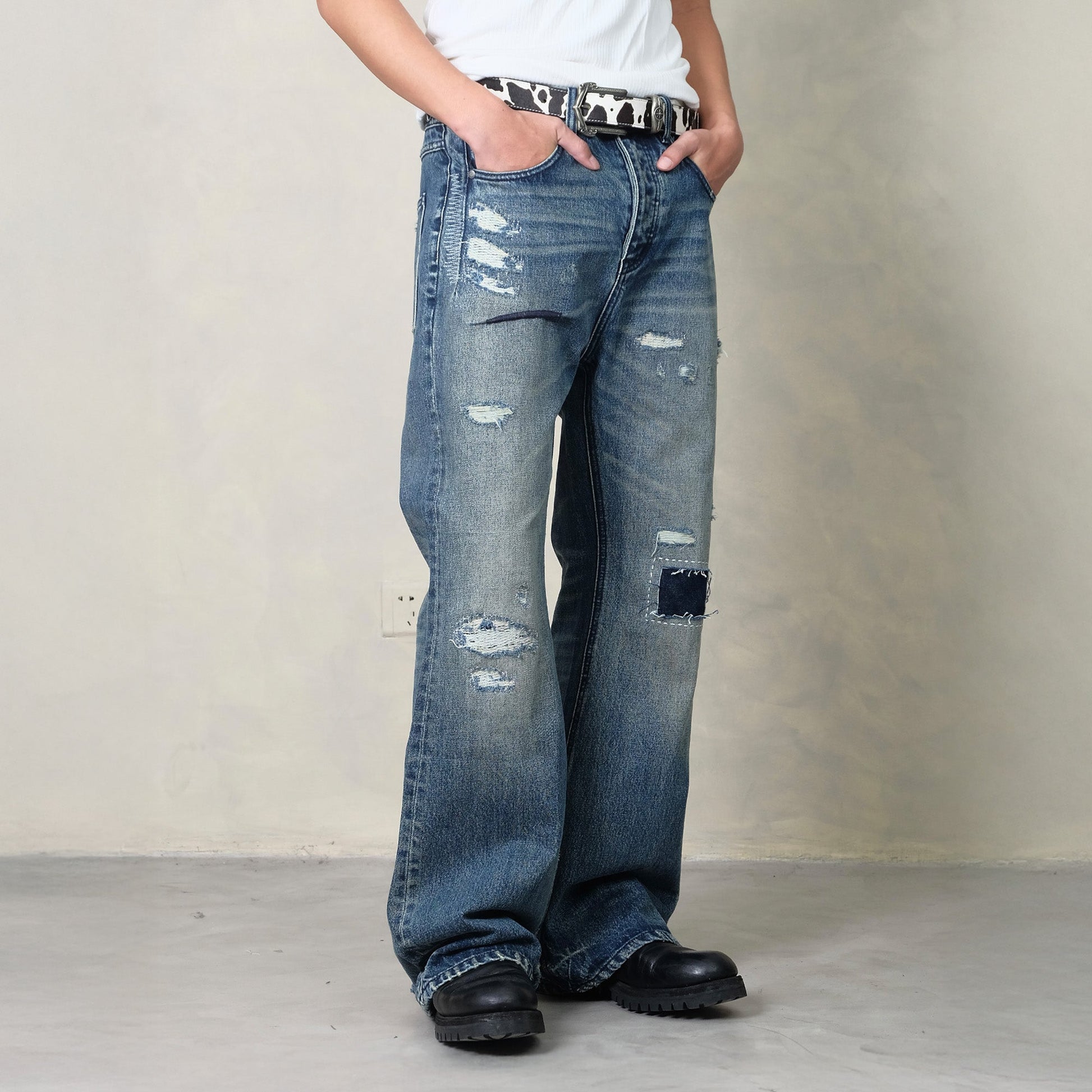 IN EXISTENCE Distressed Stitched Patch Flared Jeans-Jeans-S-Free Shipping Leatheretro