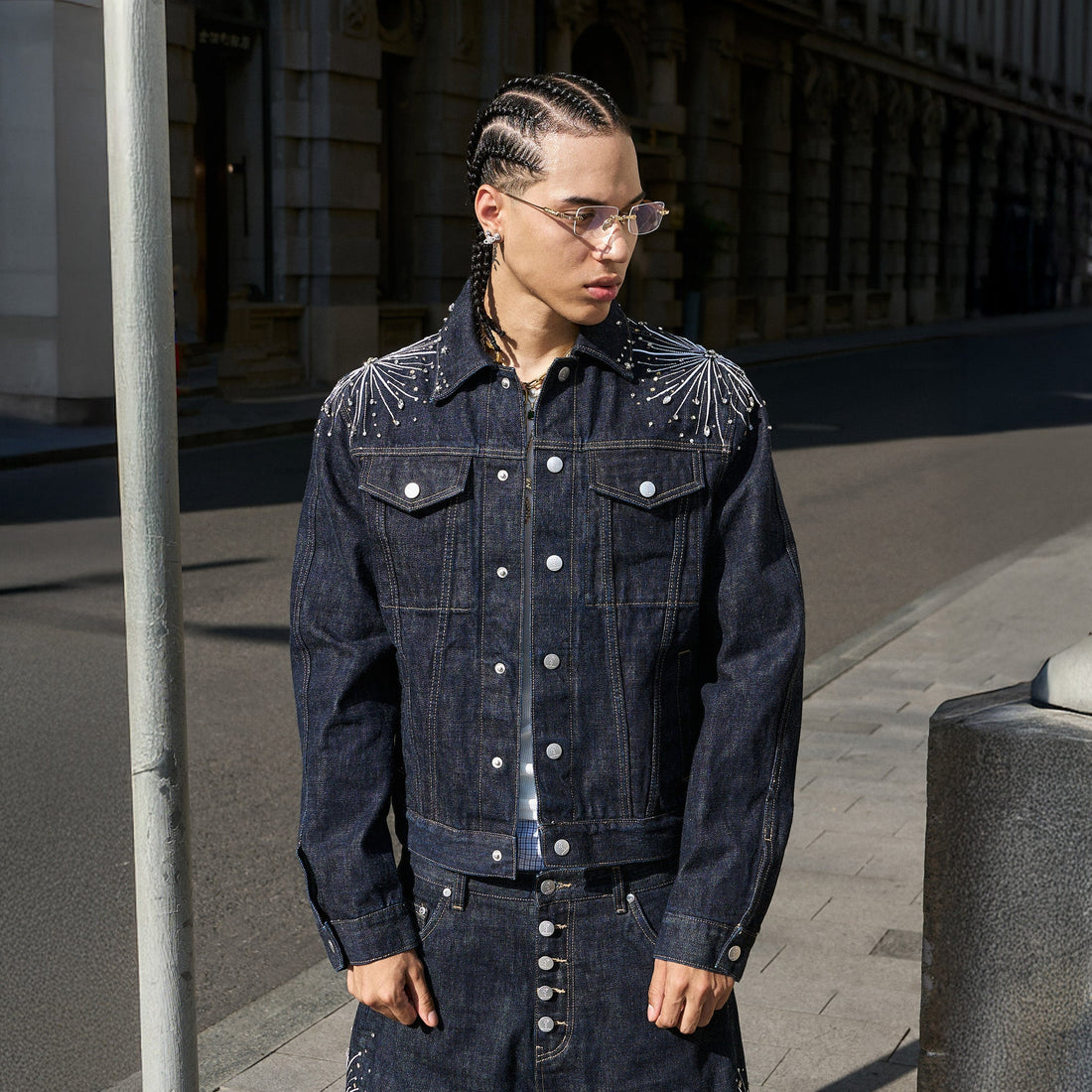 STEEPC Firework Embroidered Rhinestone Raw Denim Jacket-Jacket-S (1)-Free Shipping Leatheretro