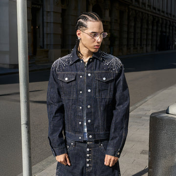 STEEPC Firework Embroidered Rhinestone Raw Denim Jacket-Jacket-S (1)-Free Shipping Leatheretro