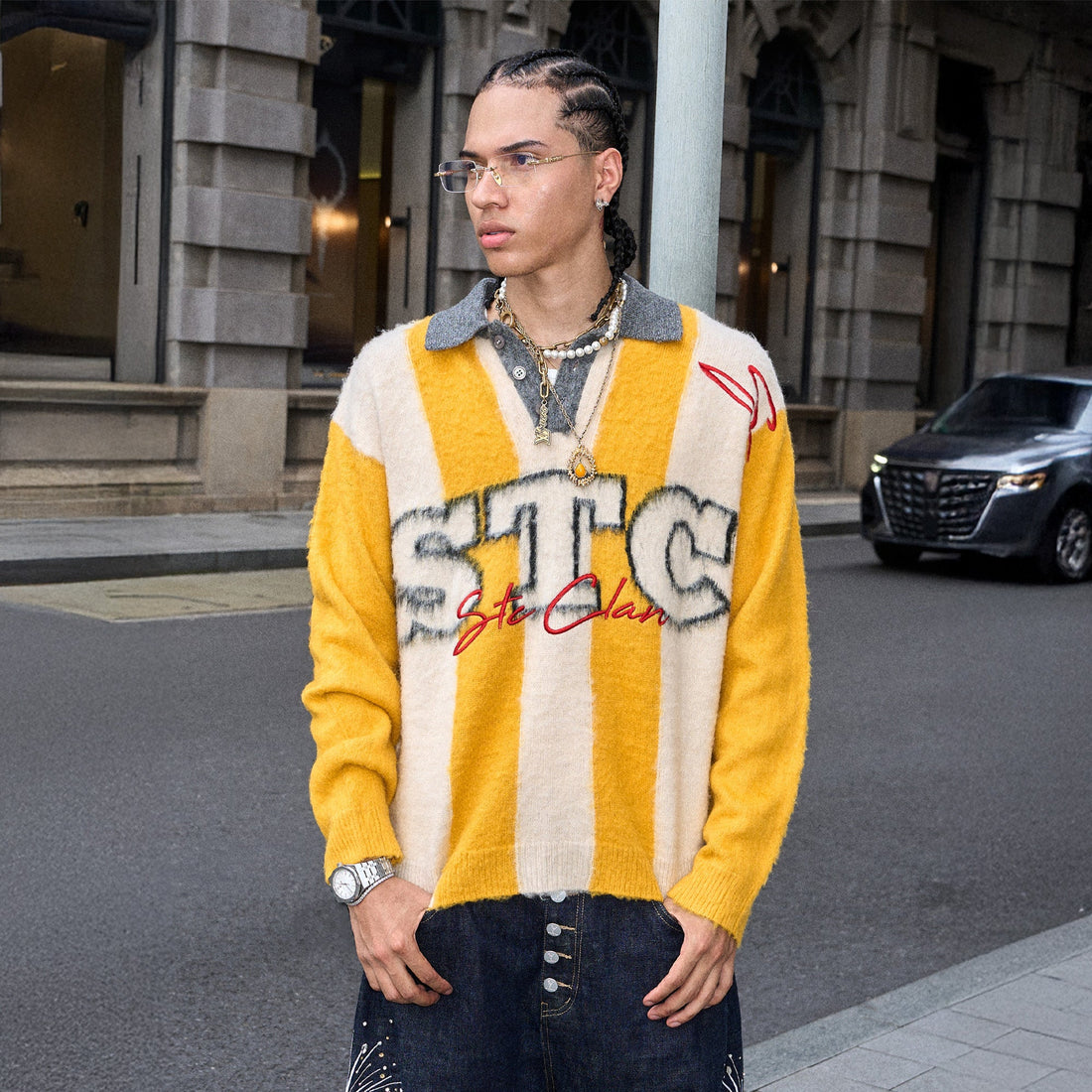 STEEPC Striped Embroidered Fuzzy Polo Sweater-Sweater-S (1)-Free Shipping Leatheretro