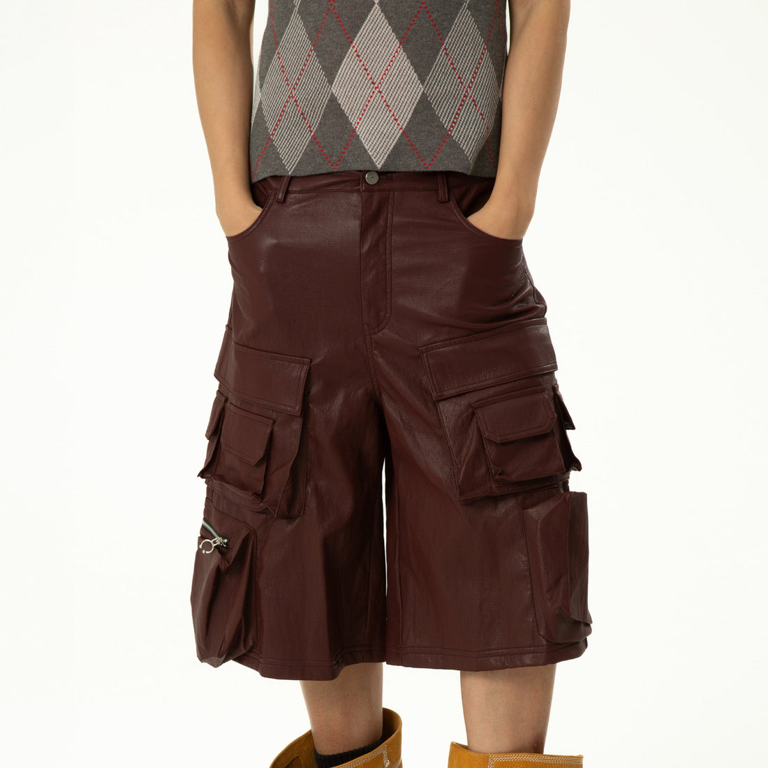 CLP Punk Faux Leather Multi-Pocket Cargo Shorts-Shorts-M-Black-Free Shipping Leatheretro