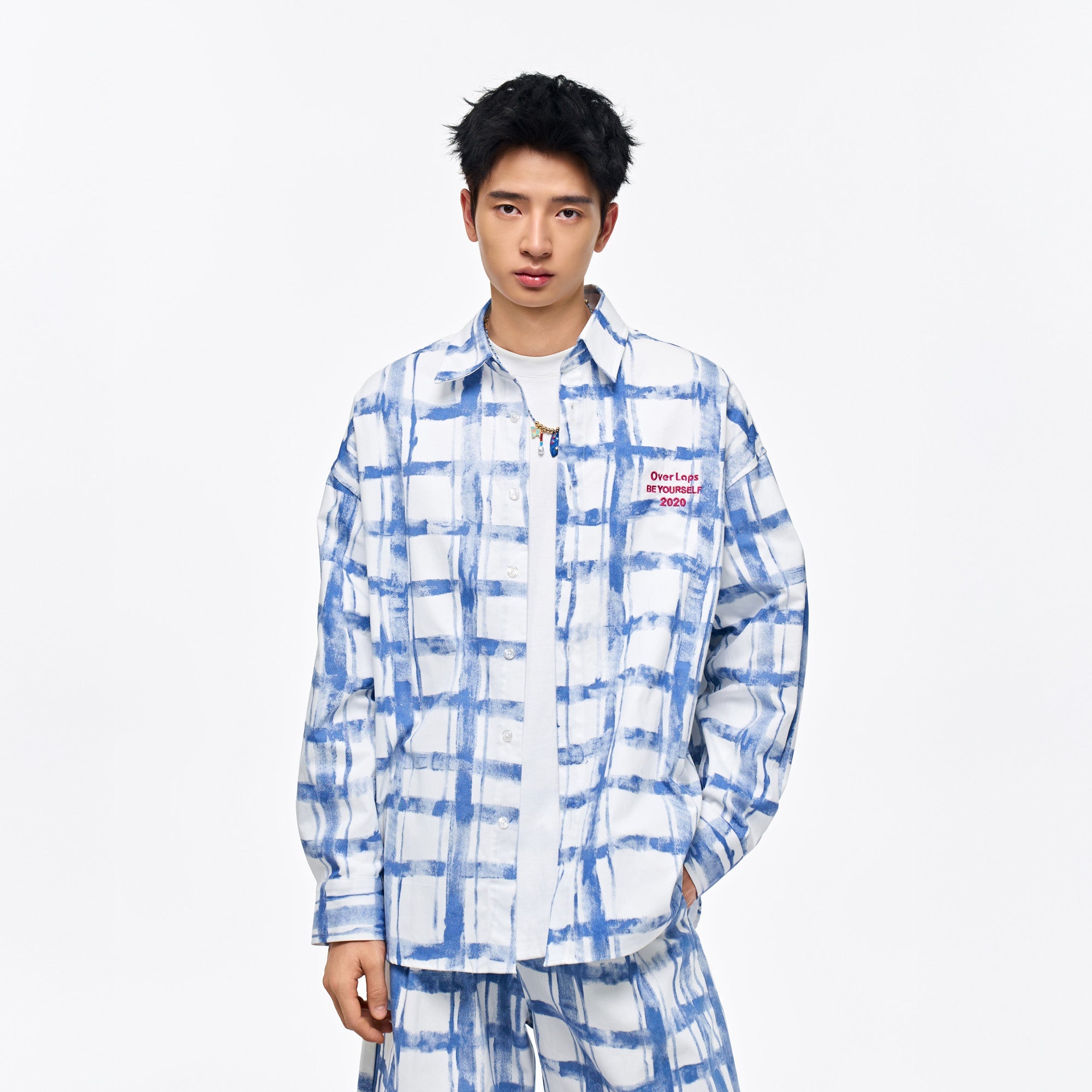 OVERLAPS Brush-Paint Grid Oversized Shirt-Shirt-S-Free Shipping Leatheretro