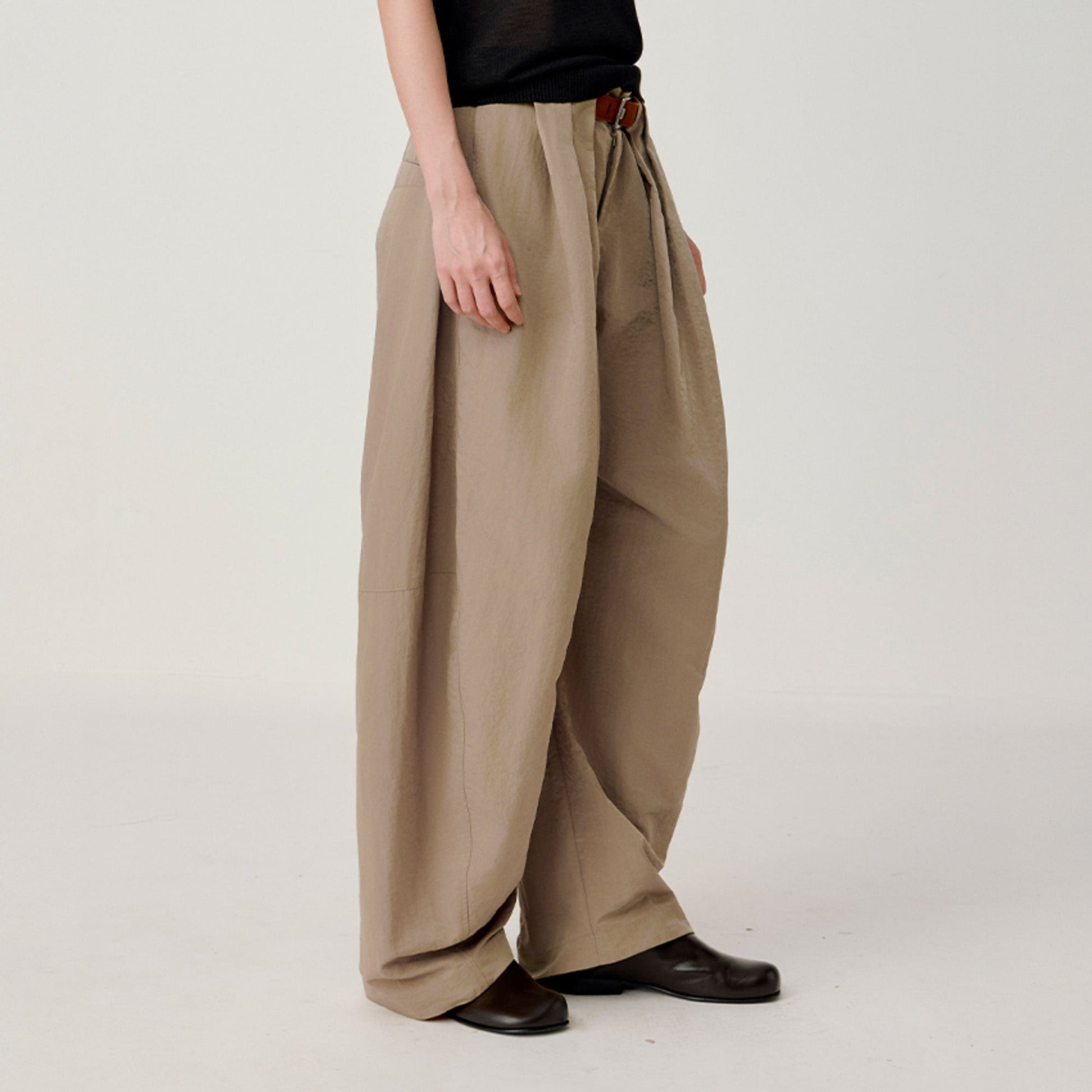 OPICLOTH Pleat Belted Curve Trousers-Pants-XS-Free Shipping Leatheretro