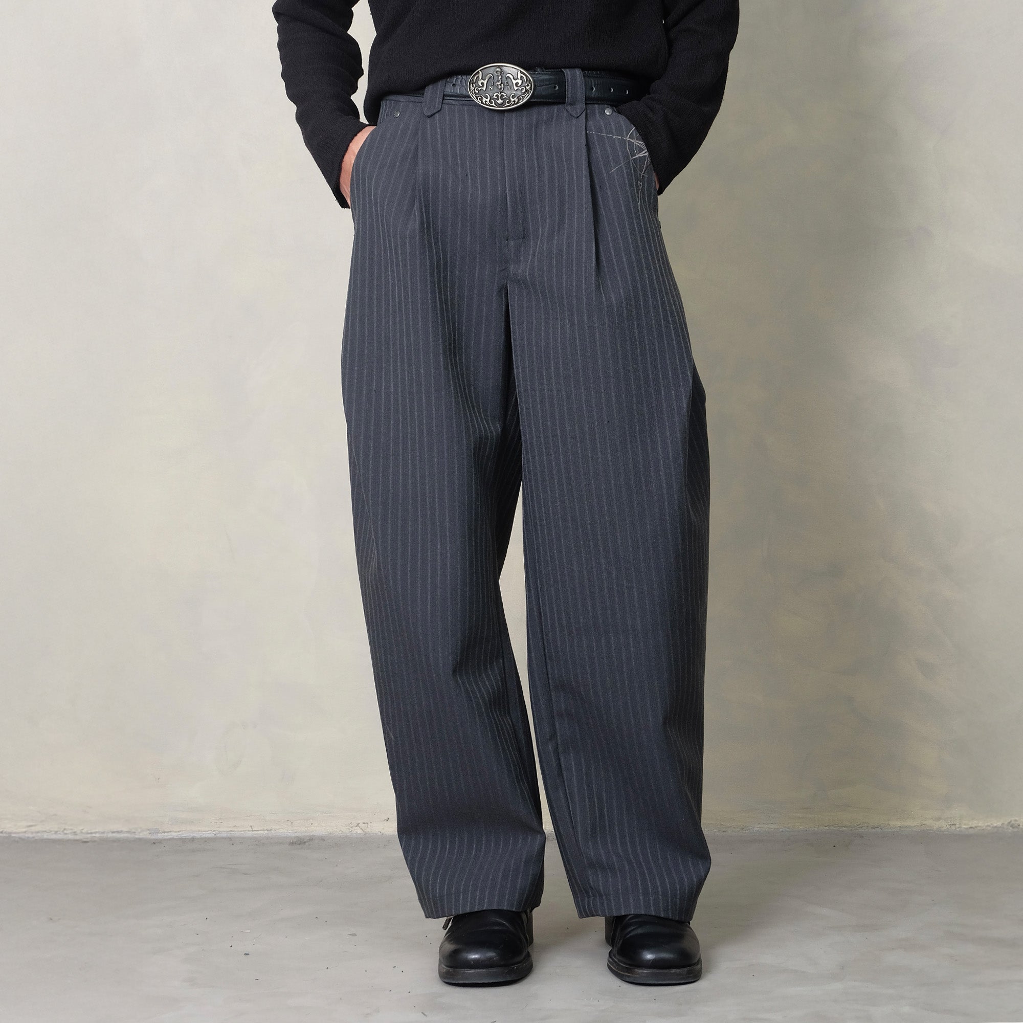 IN EXISTENCE Stripe Pleated Embroidery Curved Pants-Pants-S-Black-Free Shipping Leatheretro