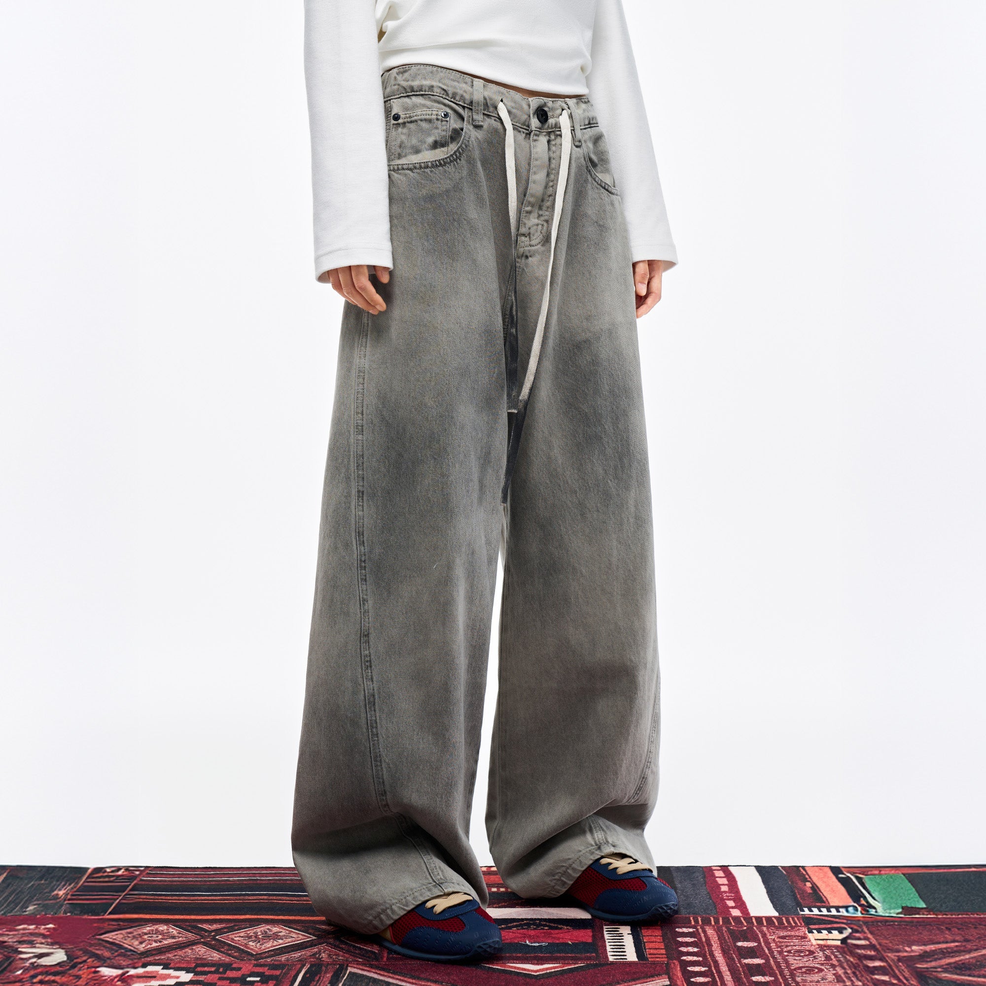 OVERLAPS Washed Drawstring Wide-Leg Jeans-Jeans-S-Free Shipping Leatheretro