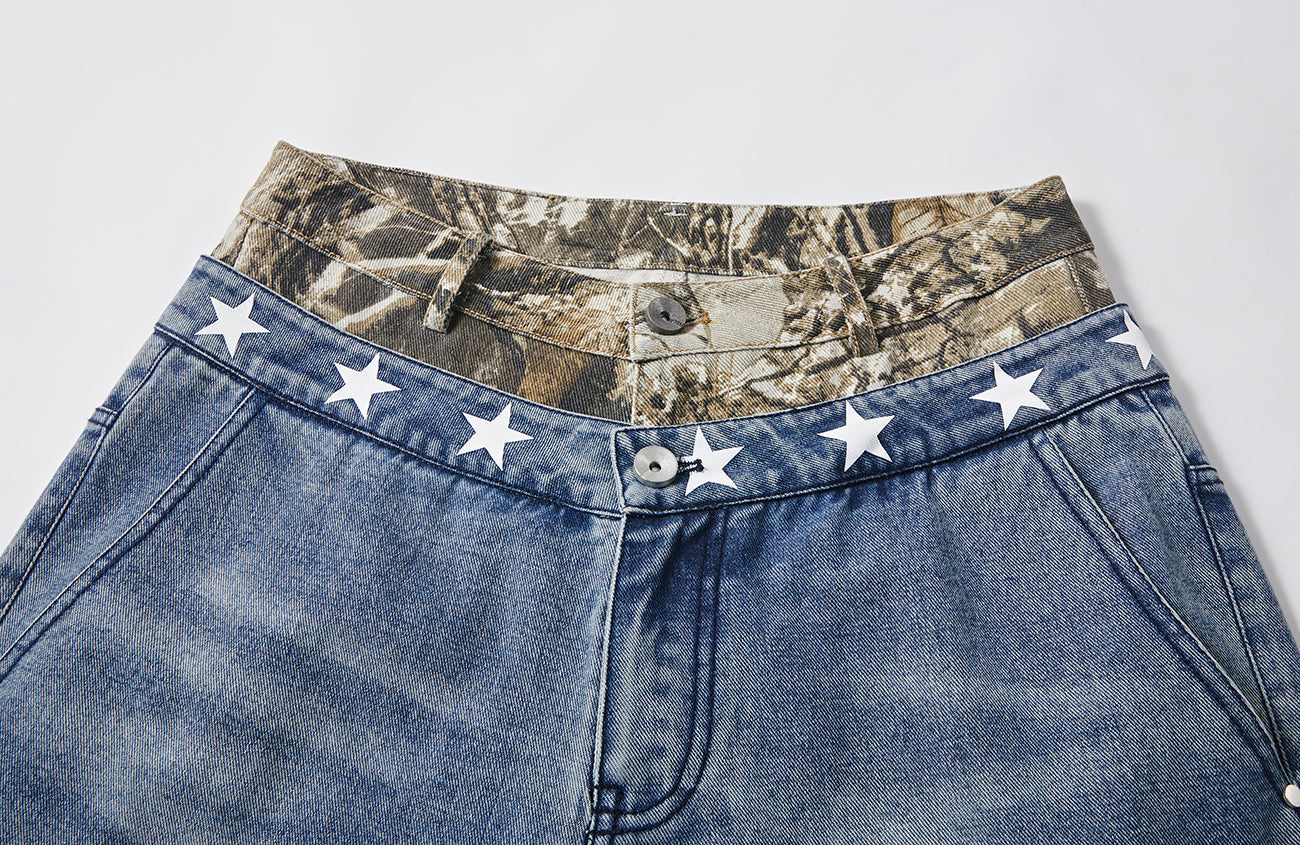 PASET Double Waist Camo Panel Distressed Jeans-Jeans-S / 28"-Free Shipping Leatheretro