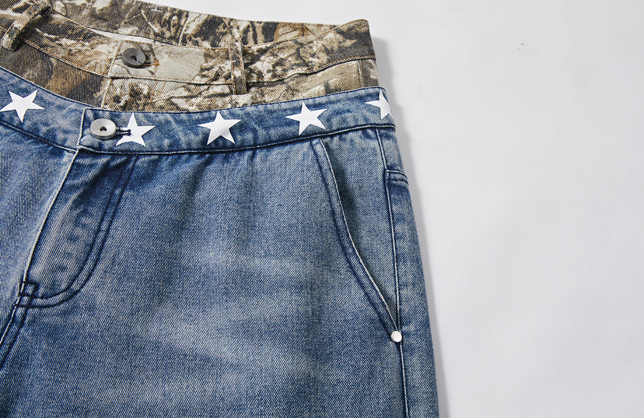 PASET Double Waist Camo Panel Distressed Jeans-Jeans-S / 28"-Free Shipping Leatheretro