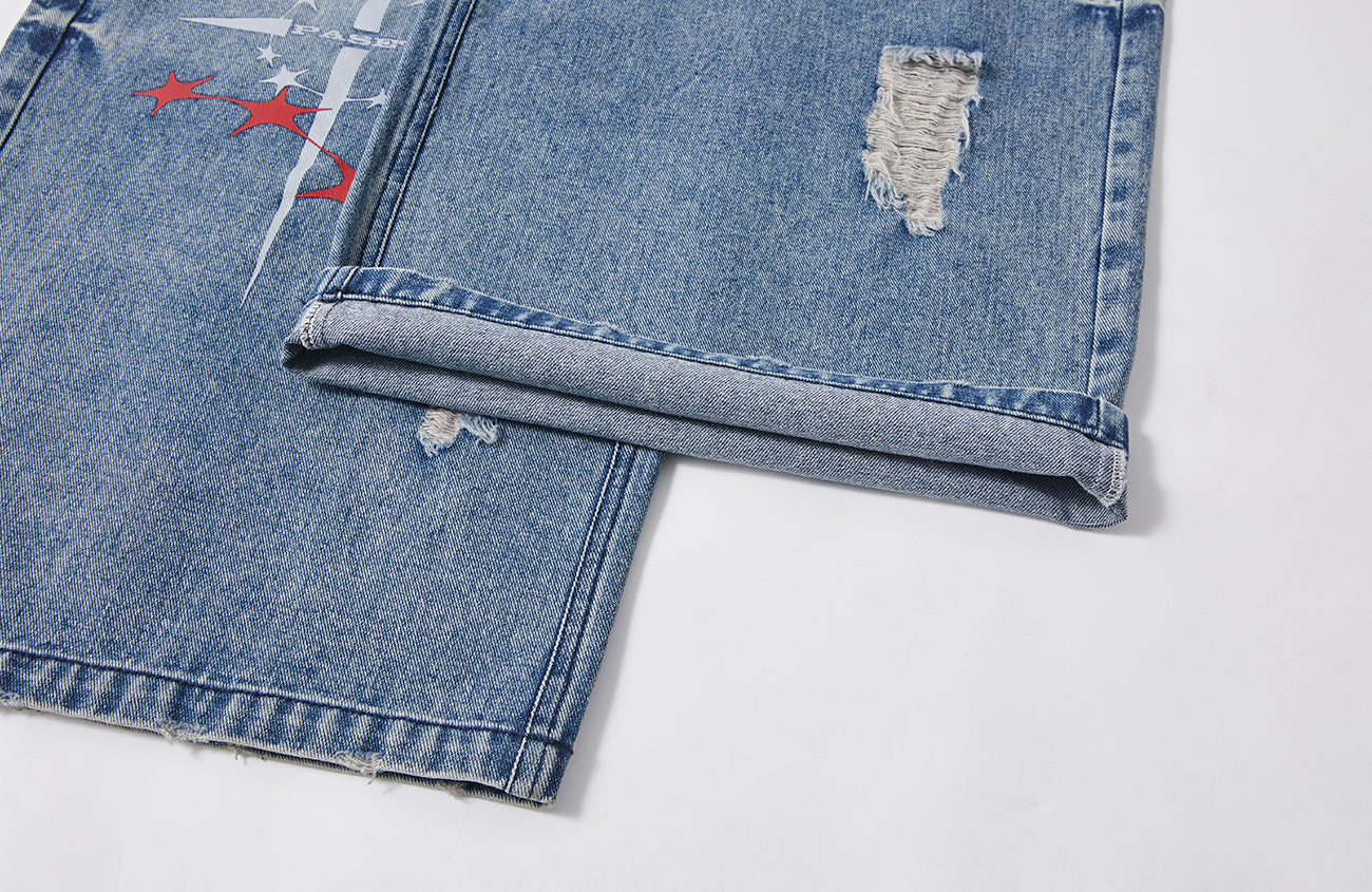 PASET Double Waist Camo Panel Distressed Jeans-Jeans-S / 28"-Free Shipping Leatheretro