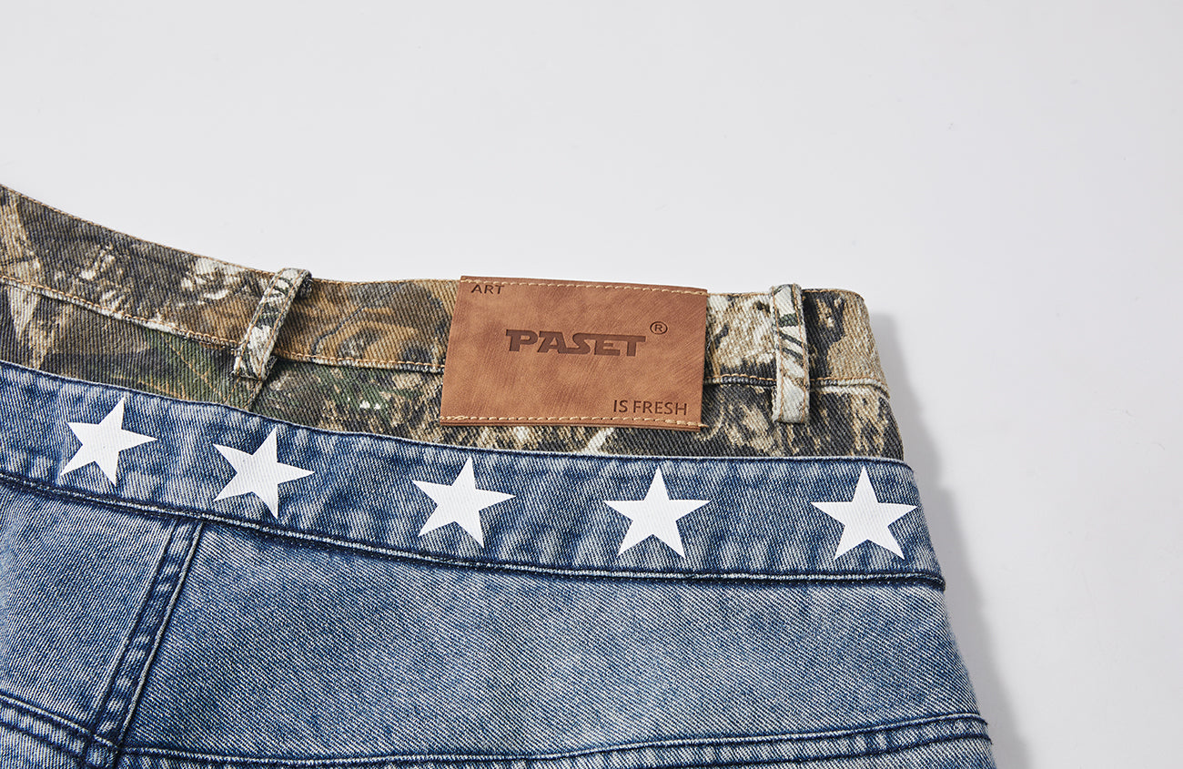 PASET Double Waist Camo Panel Distressed Jeans-Jeans-S / 28"-Free Shipping Leatheretro