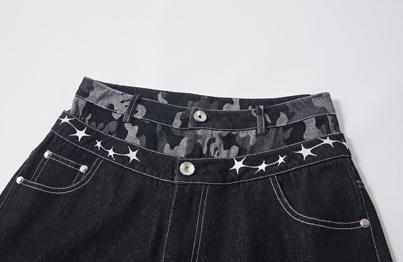 PASET Camo Double Waist Embroidered Jeans-Jeans-S / 28"-Free Shipping Leatheretro