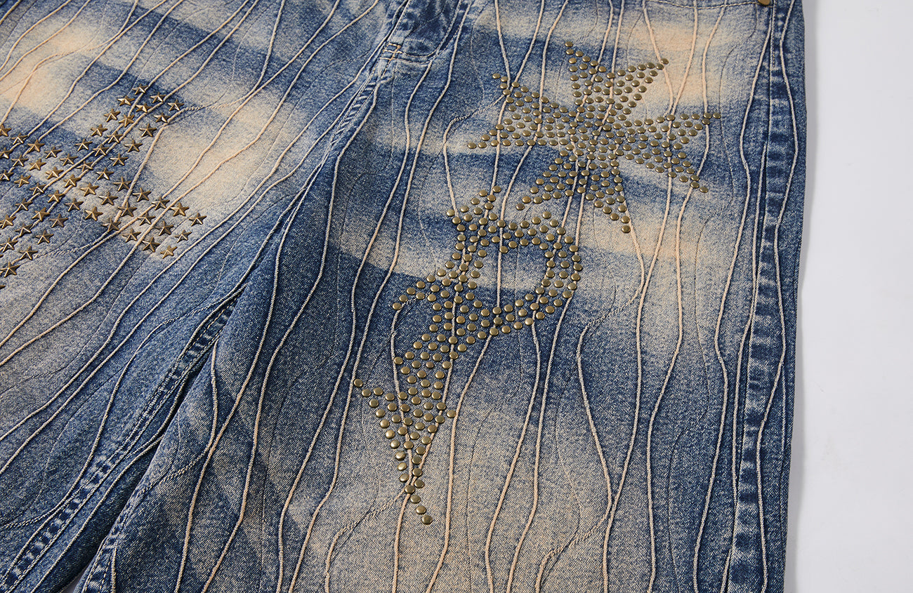 PASET Cross And Star Studded Wide-Leg Jeans-Jeans-S / 28"-Free Shipping Leatheretro