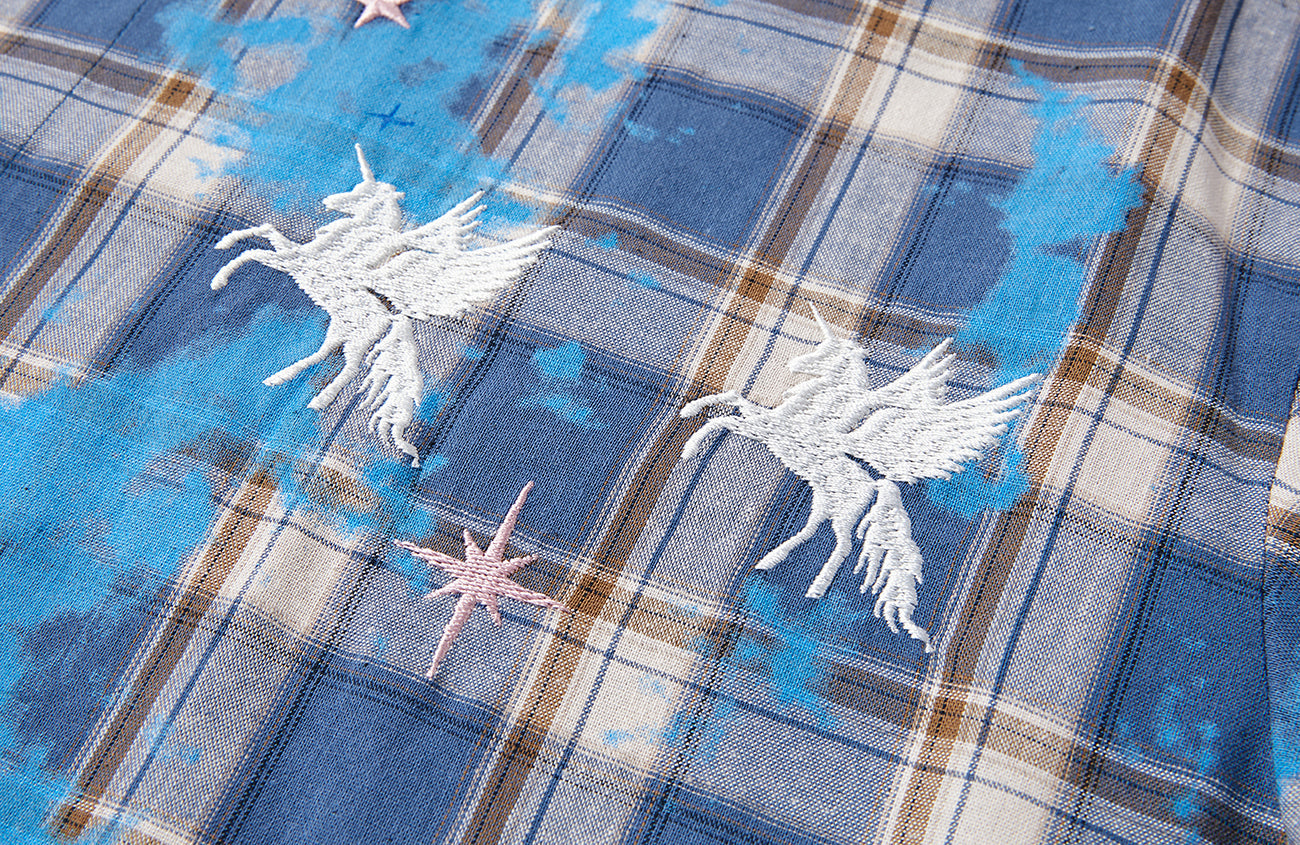PASET Unicorn Embroidered Plaid Half Shirt-Half shirt-S-Free Shipping Leatheretro