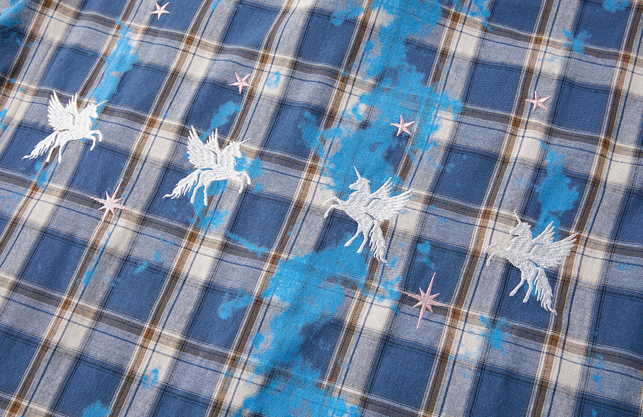 PASET Unicorn Embroidered Plaid Half Shirt-Half shirt-S-Free Shipping Leatheretro