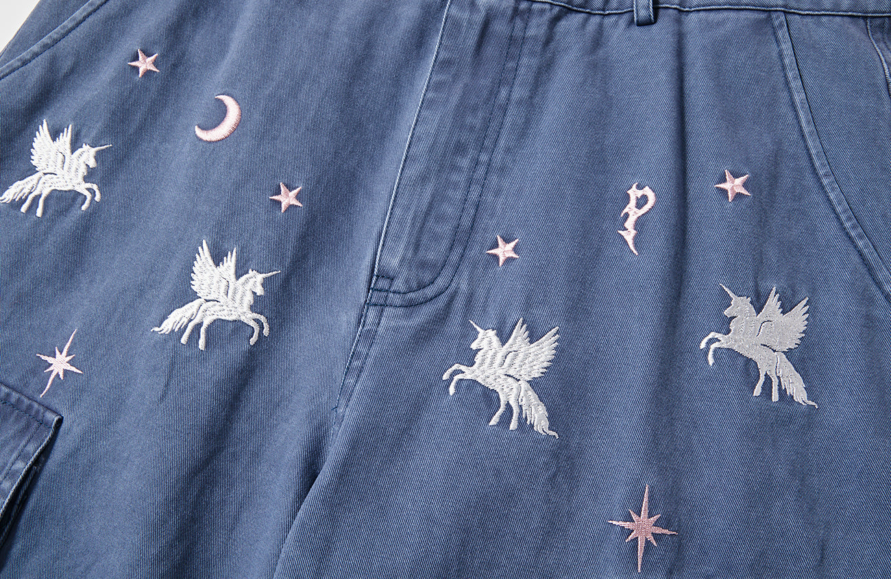 PASET Unicorn Embroidered Cargo Shorts-Shorts-S / 28"-Free Shipping Leatheretro