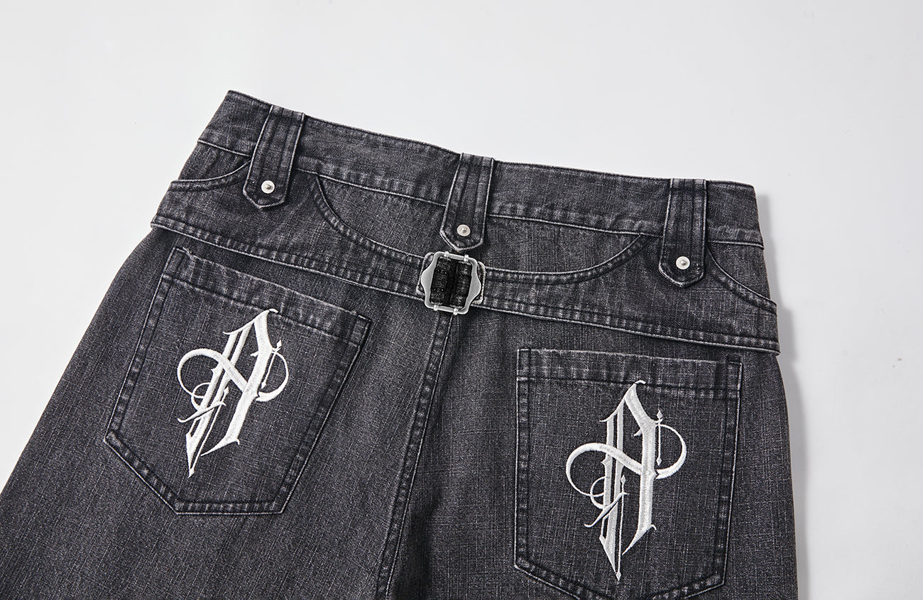 PASET Plaid Patch Distressed Back Buckle Jeans-Jeans-S / 28"-Free Shipping Leatheretro