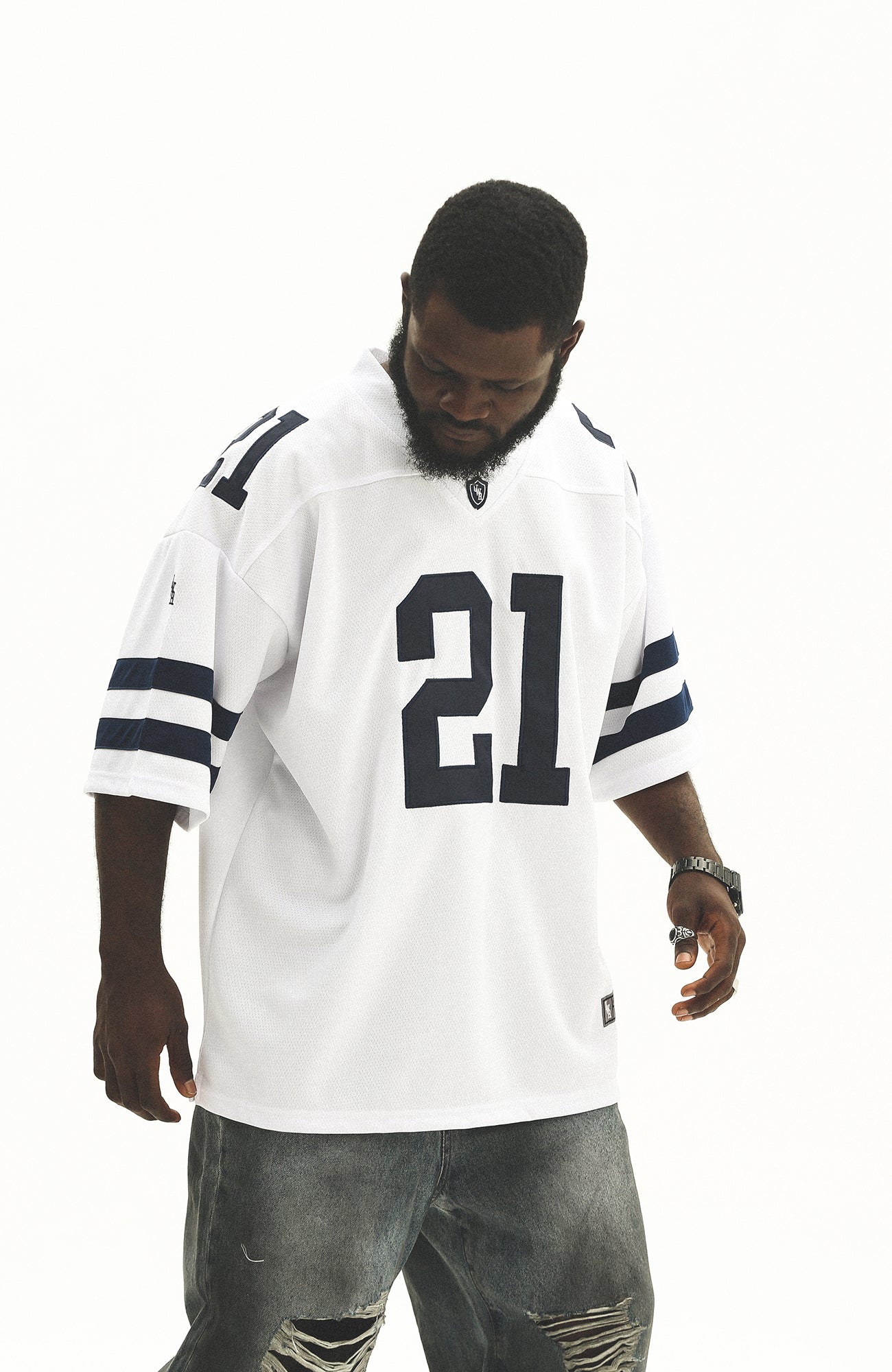 UNTILWERICH V-Neck Striped Hockey Short-Sleeve Jersey-T Shirt-S-White-Free Shipping Leatheretro