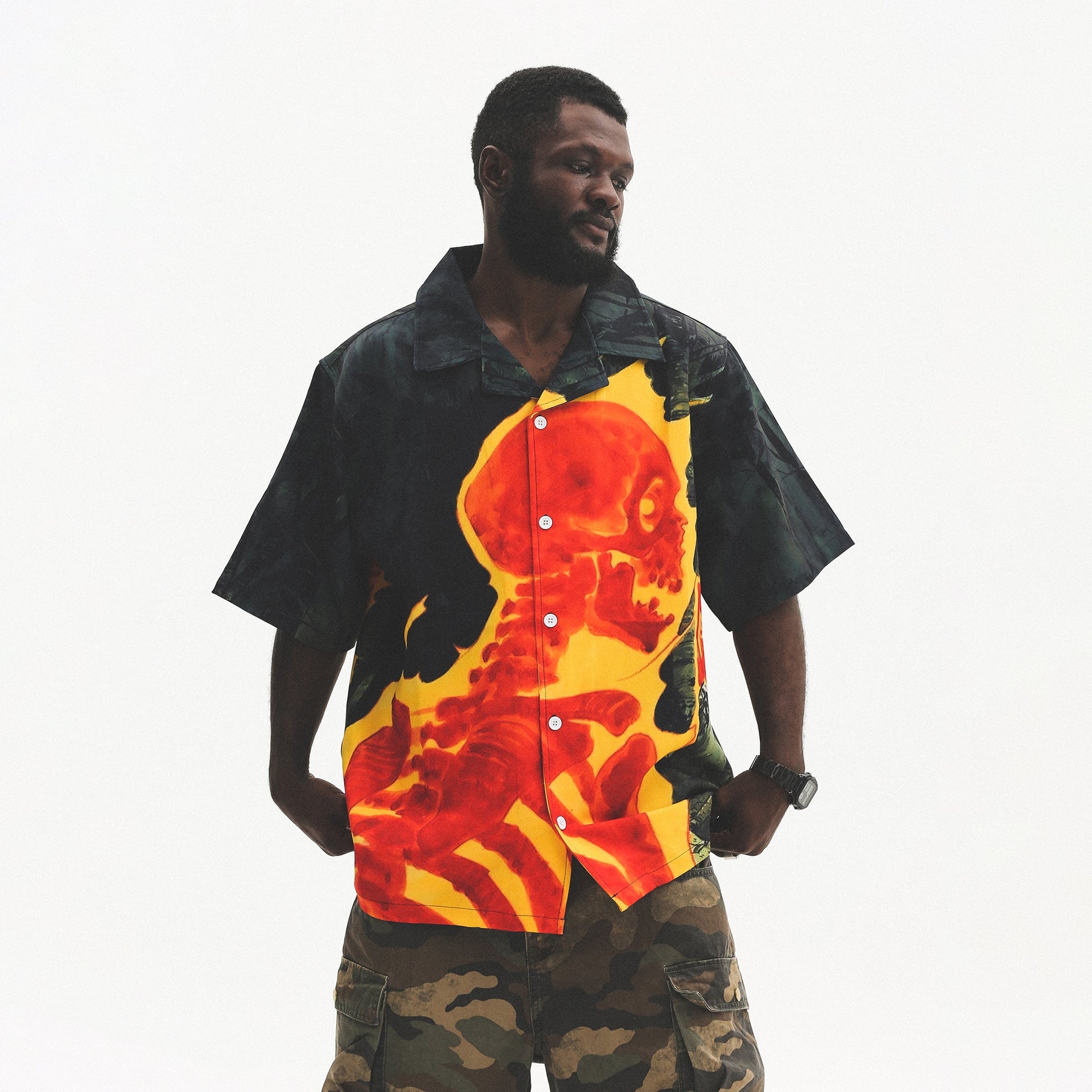 UNTILWERICH Flame Skeleton Graphic Half Shirt-Half shirt-M-Free Shipping Leatheretro