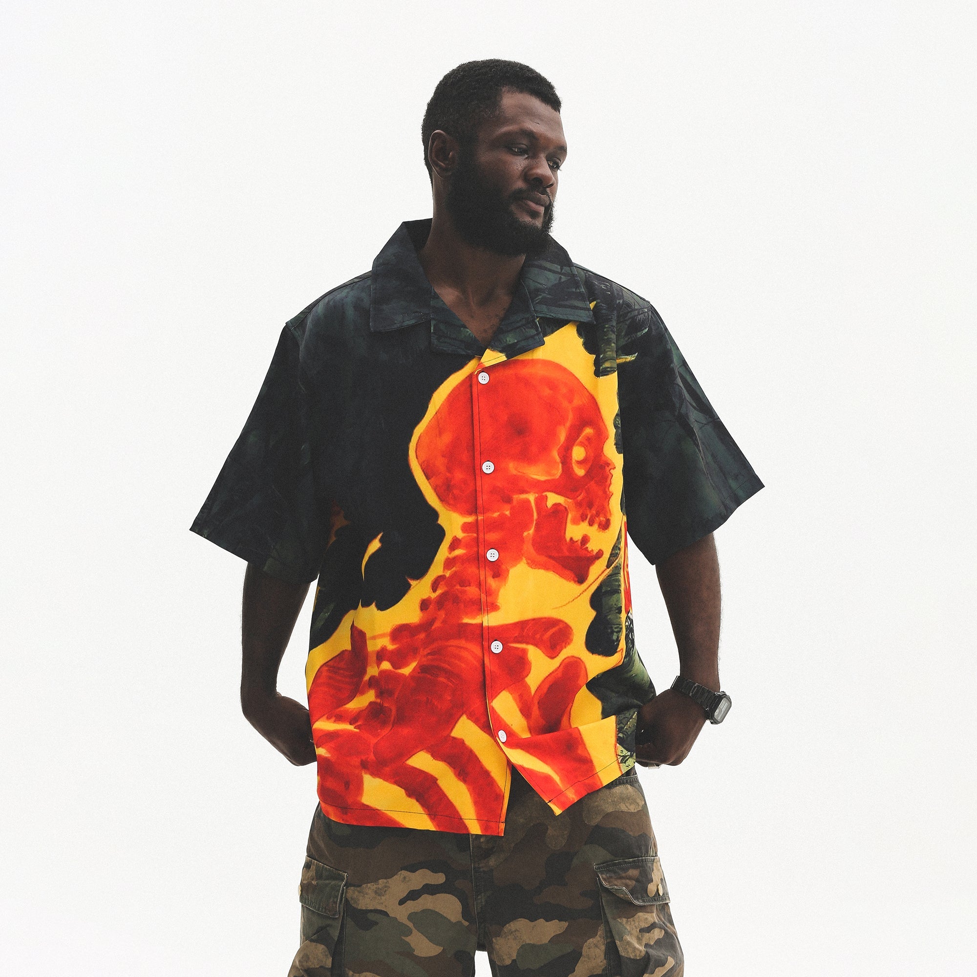 UNTILWERICH Flame Skeleton Graphic Half Shirt-Half shirt-M-Free Shipping Leatheretro