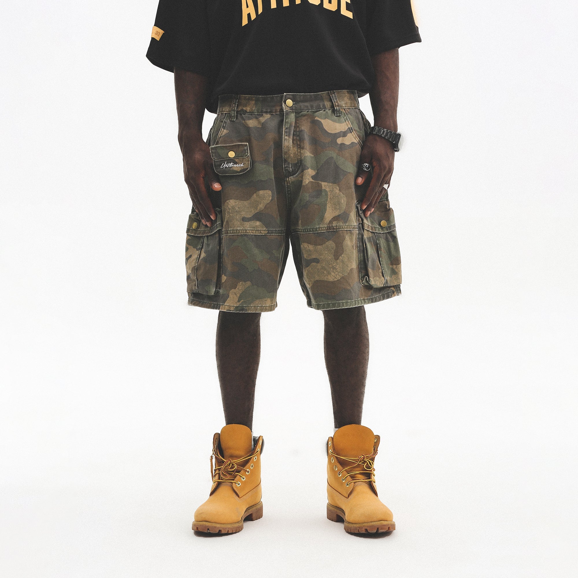 UNTILWERICH Washed Camo Cargo Shorts-Shorts-S / 28“-Free Shipping Leatheretro