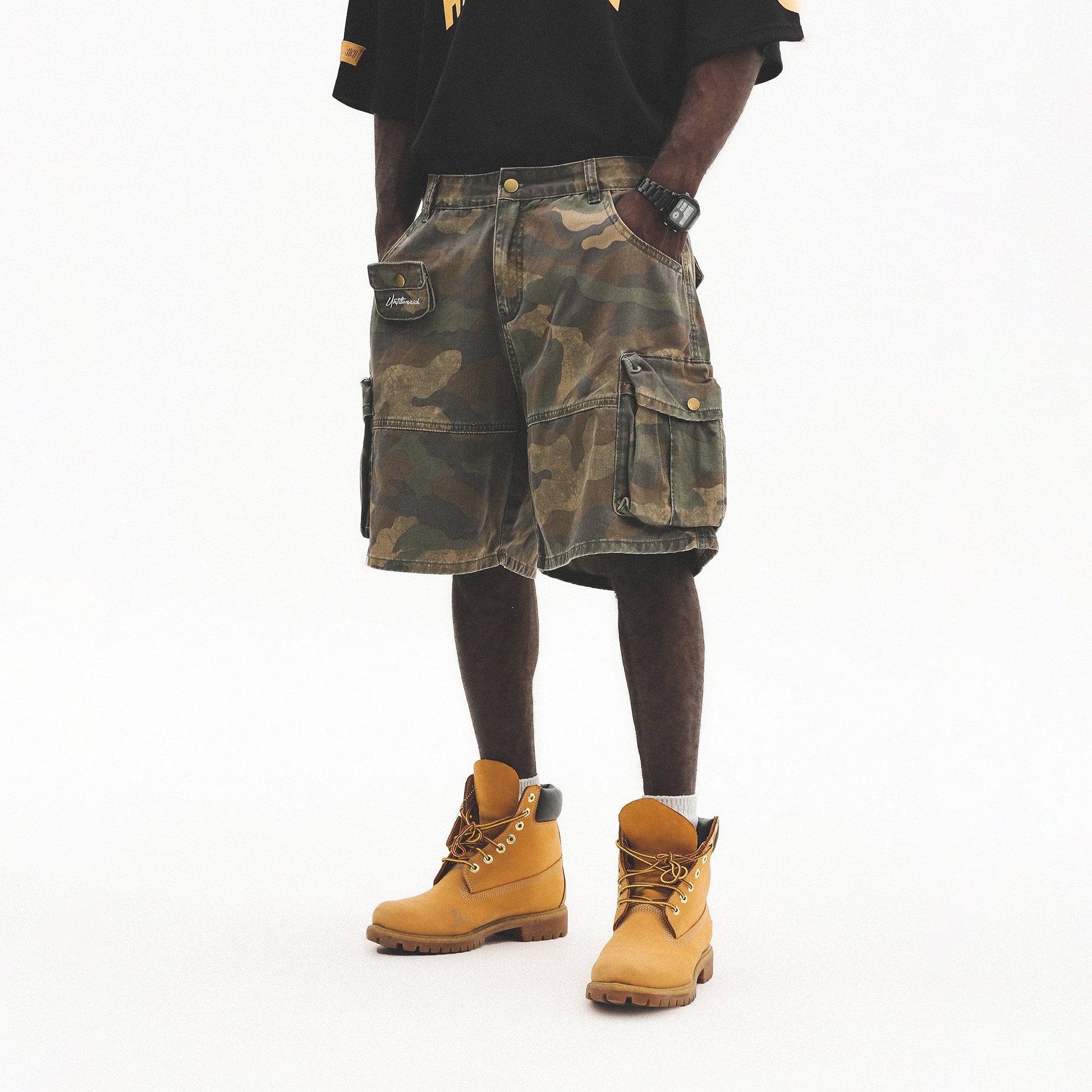 UNTILWERICH Washed Camo Cargo Shorts-Shorts-S / 28“-Free Shipping Leatheretro