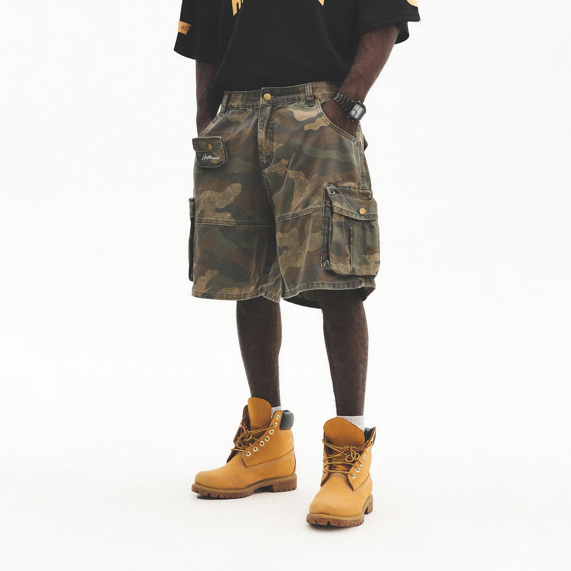 UNTILWERICH Washed Camo Cargo Shorts-Shorts-S / 28“-Free Shipping Leatheretro
