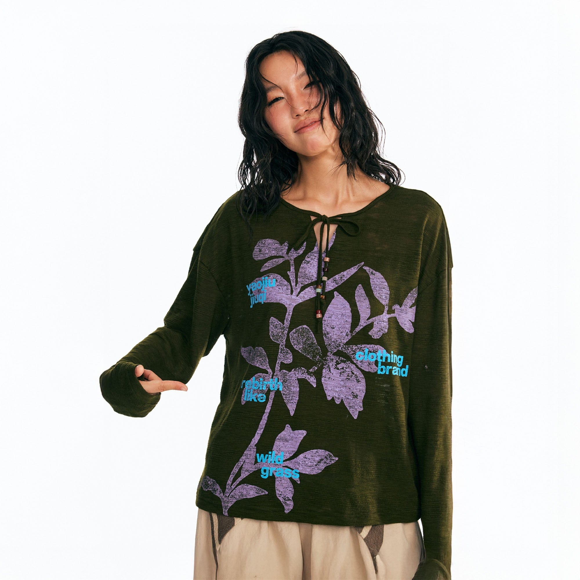 1997 POSTOFFICE Sesame Leaves Drawstring Neck Long-Sleeve Tee-L/S Tee-S-Dark Green-Free Shipping Leatheretro