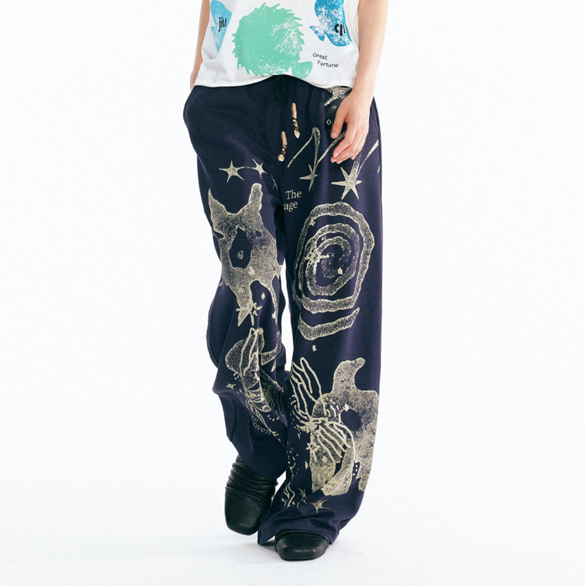 1997 POSTOFFICE Tribal Spiral Beaded Drawstring Sweatpants-Pants-S-Dark Blue-Free Shipping Leatheretro