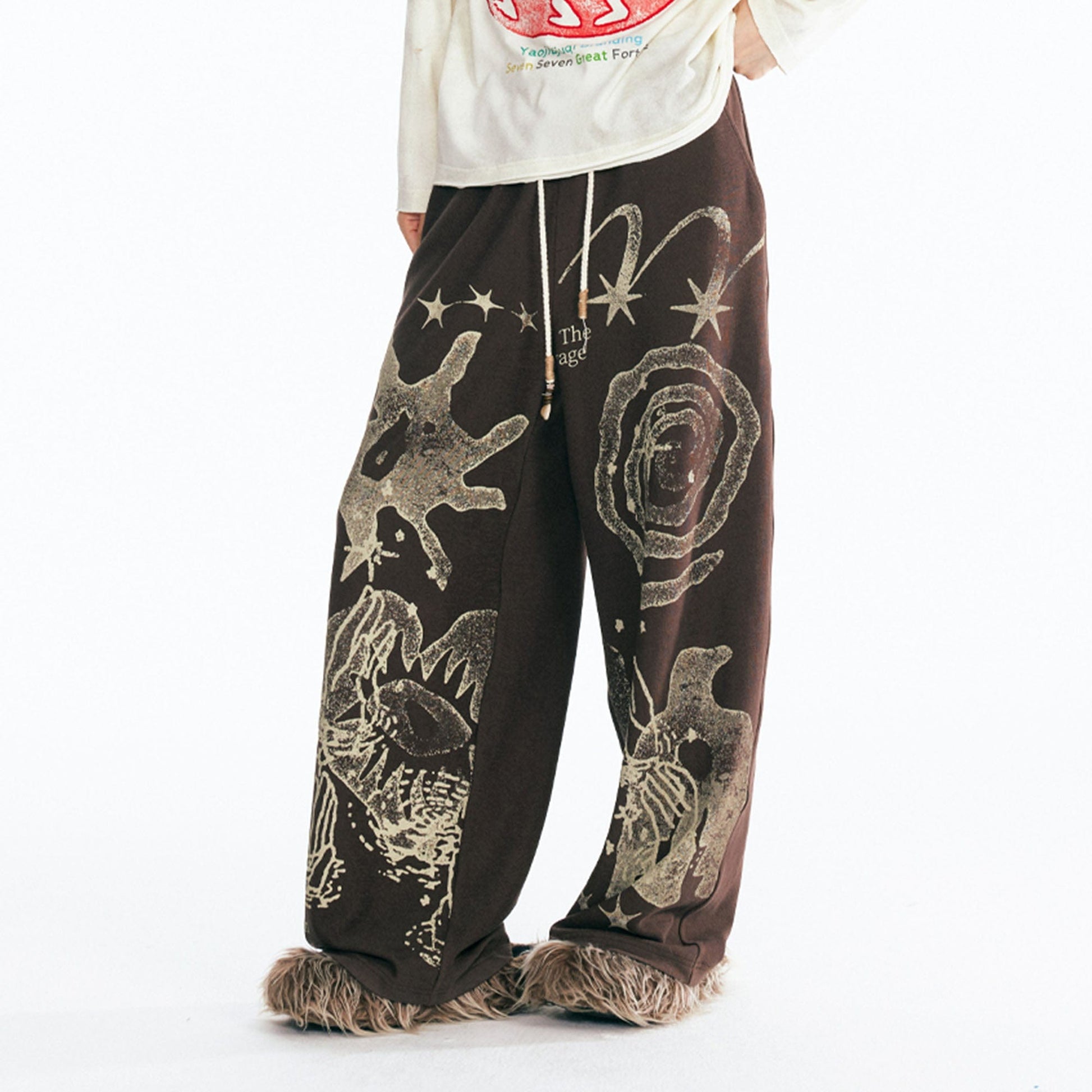 1997 POSTOFFICE Tribal Spiral Beaded Drawstring Sweatpants-Pants-S-Brown-Free Shipping Leatheretro