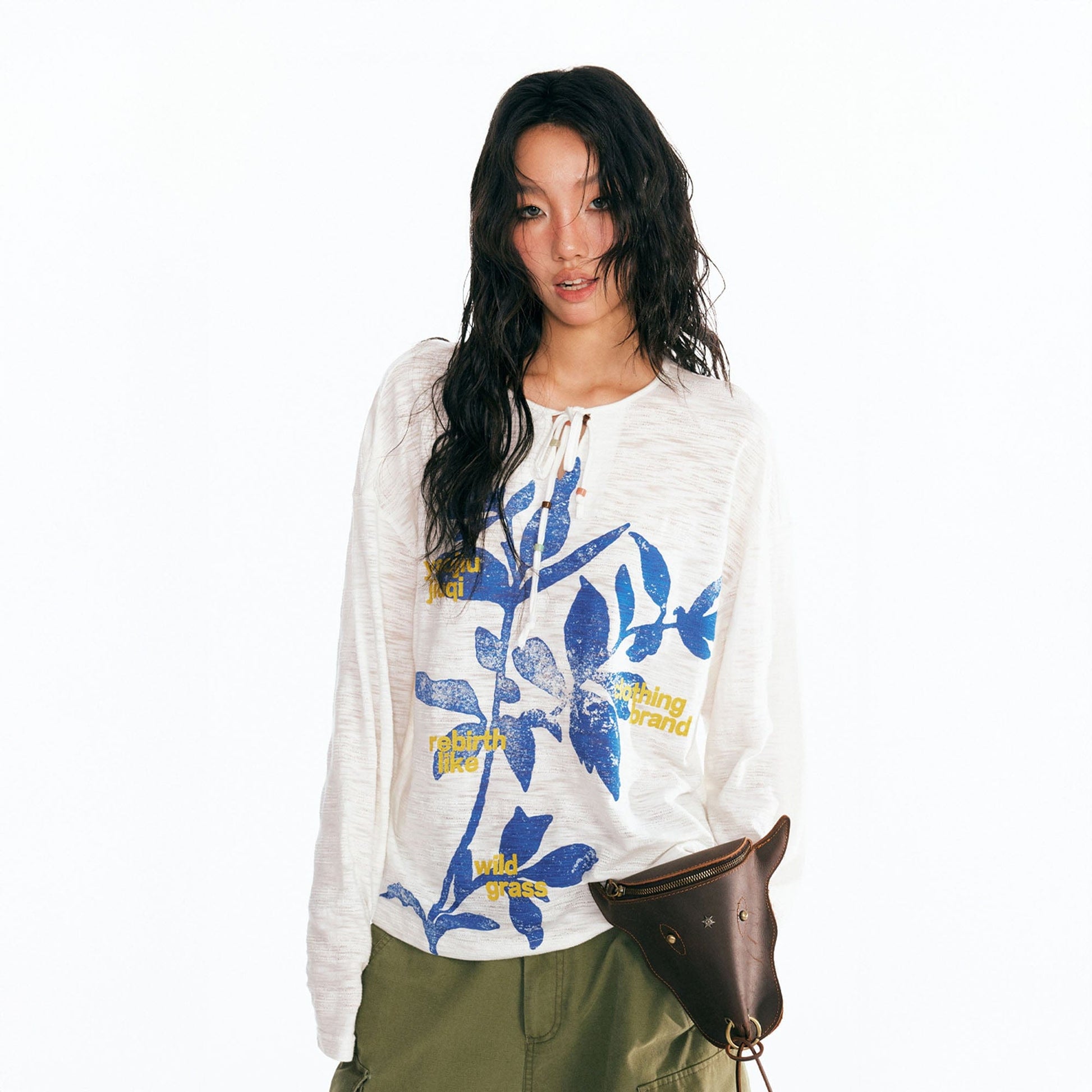 1997 POSTOFFICE Sesame Leaves Drawstring Neck Long-Sleeve Tee-L/S Tee-S-White-Free Shipping Leatheretro