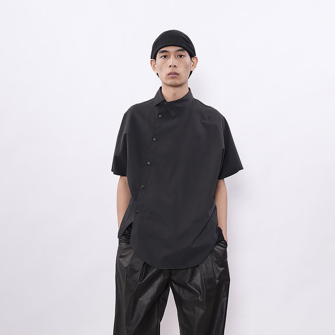 7440 37 1 Asymmetrical Placket Short Sleeve Shirt-Shirt-S-Free Shipping Leatheretro