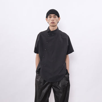 7440 37 1 Asymmetrical Placket Short Sleeve Shirt-Shirt-S-Free Shipping Leatheretro