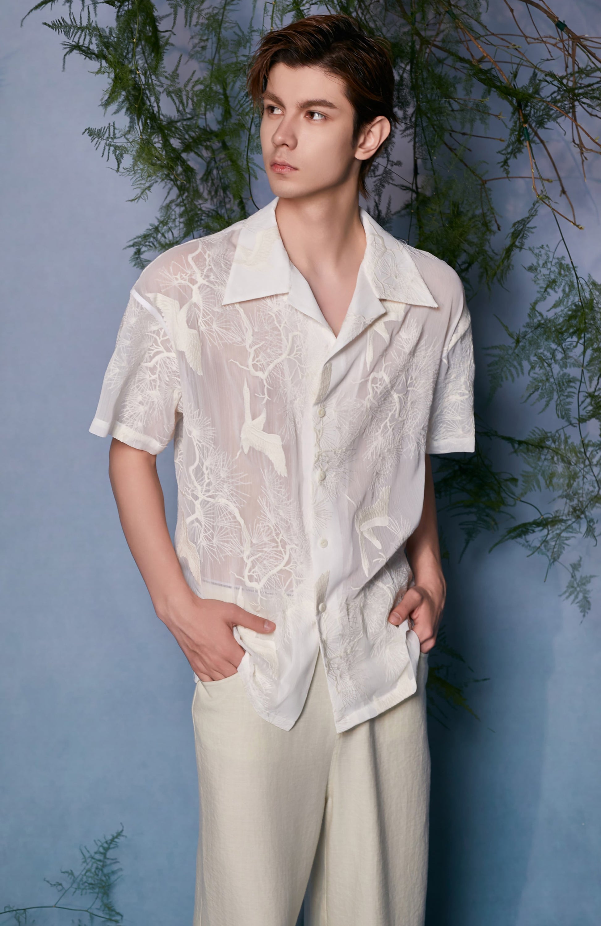 JIECHI Sheer Crane Embroidered Half Shirt-Half shirt-M (Preorder)-Free Shipping Leatheretro