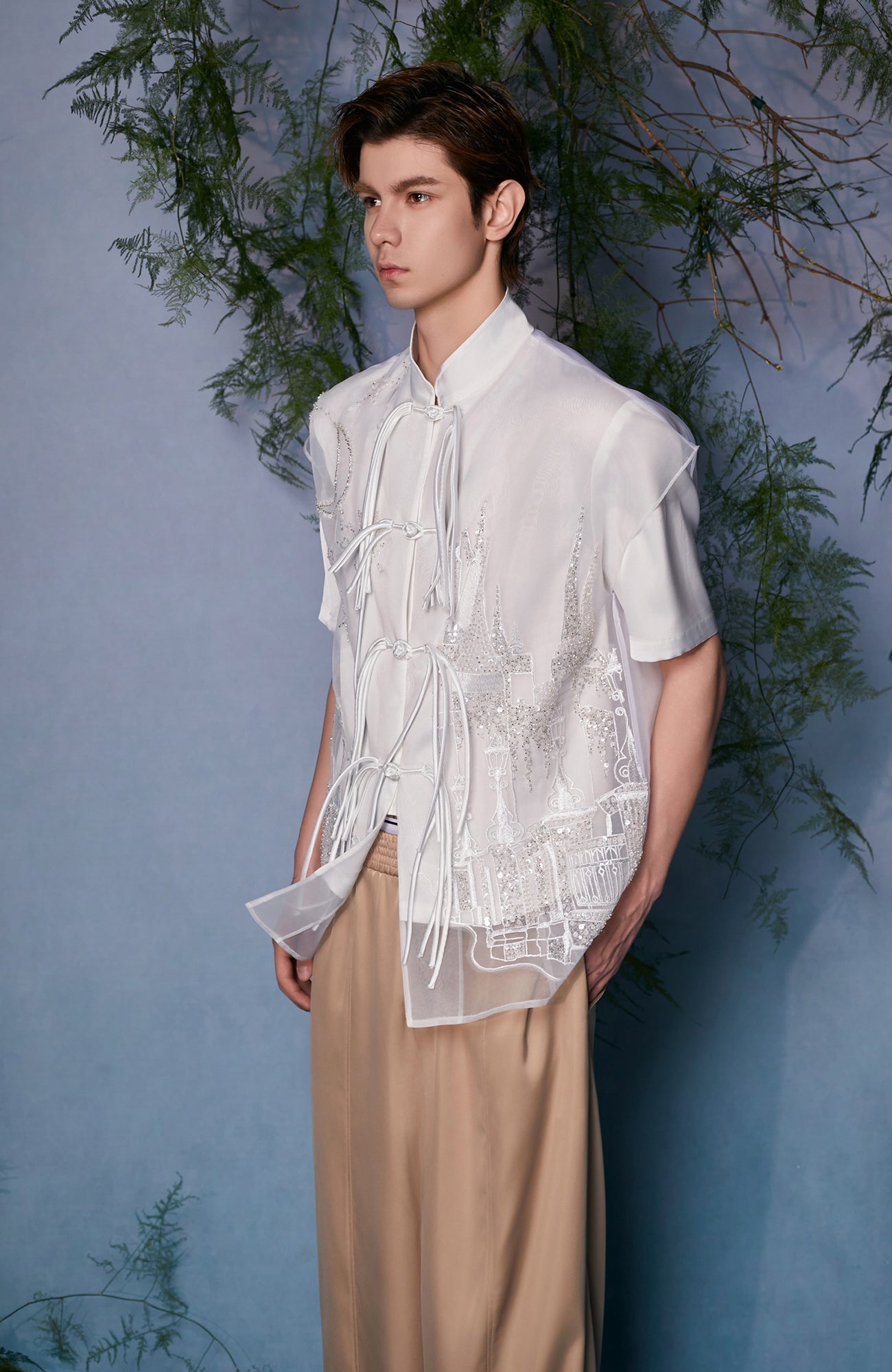 JIECHI Mandarin Embroidered Mesh Panel Half Shirt-Half shirt-M (Preorder)-Free Shipping Leatheretro
