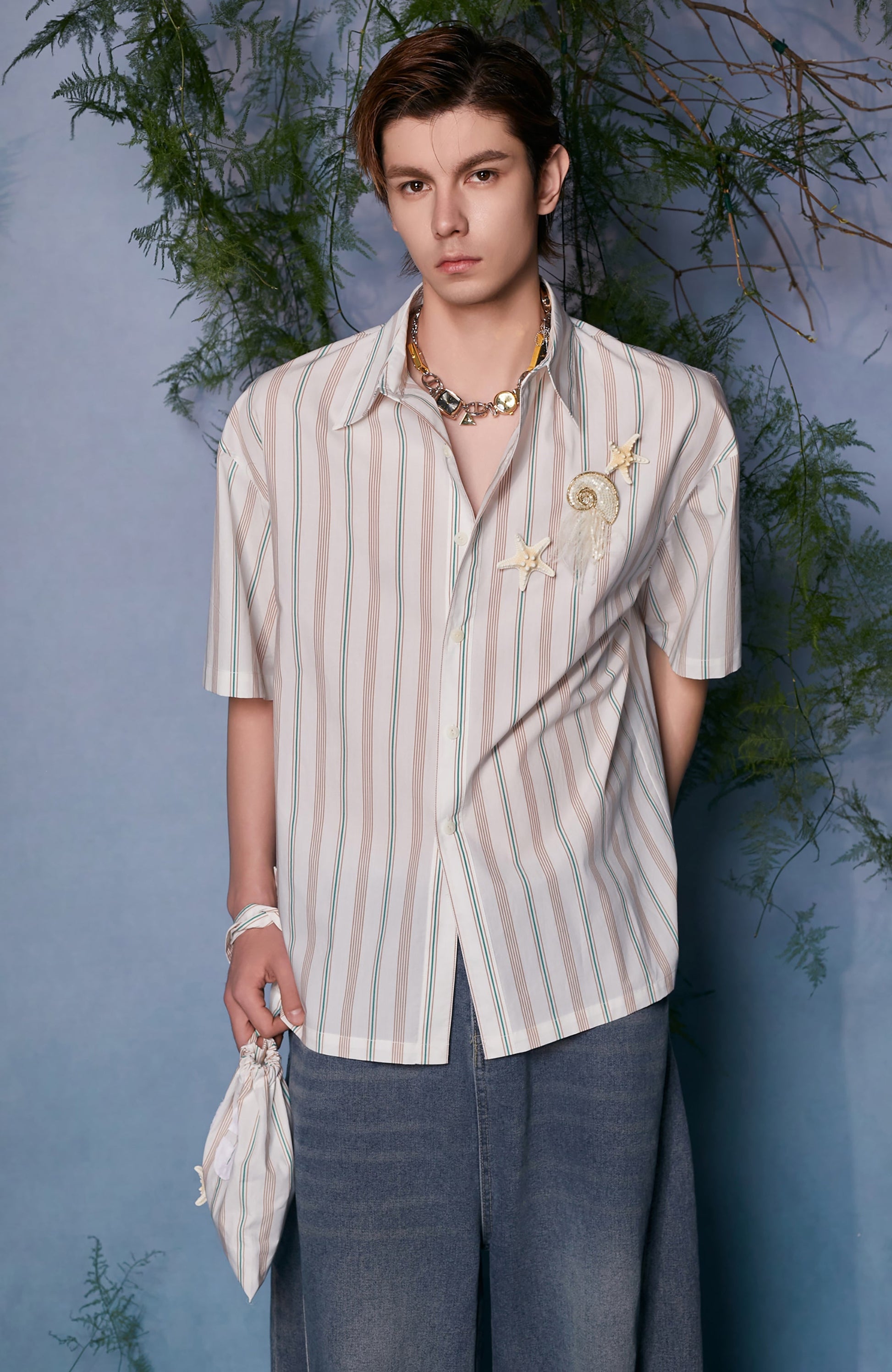 JIECHI Striped Shell-Embellished Half Shirt-Half shirt-M (Preorder)-Free Shipping Leatheretro
