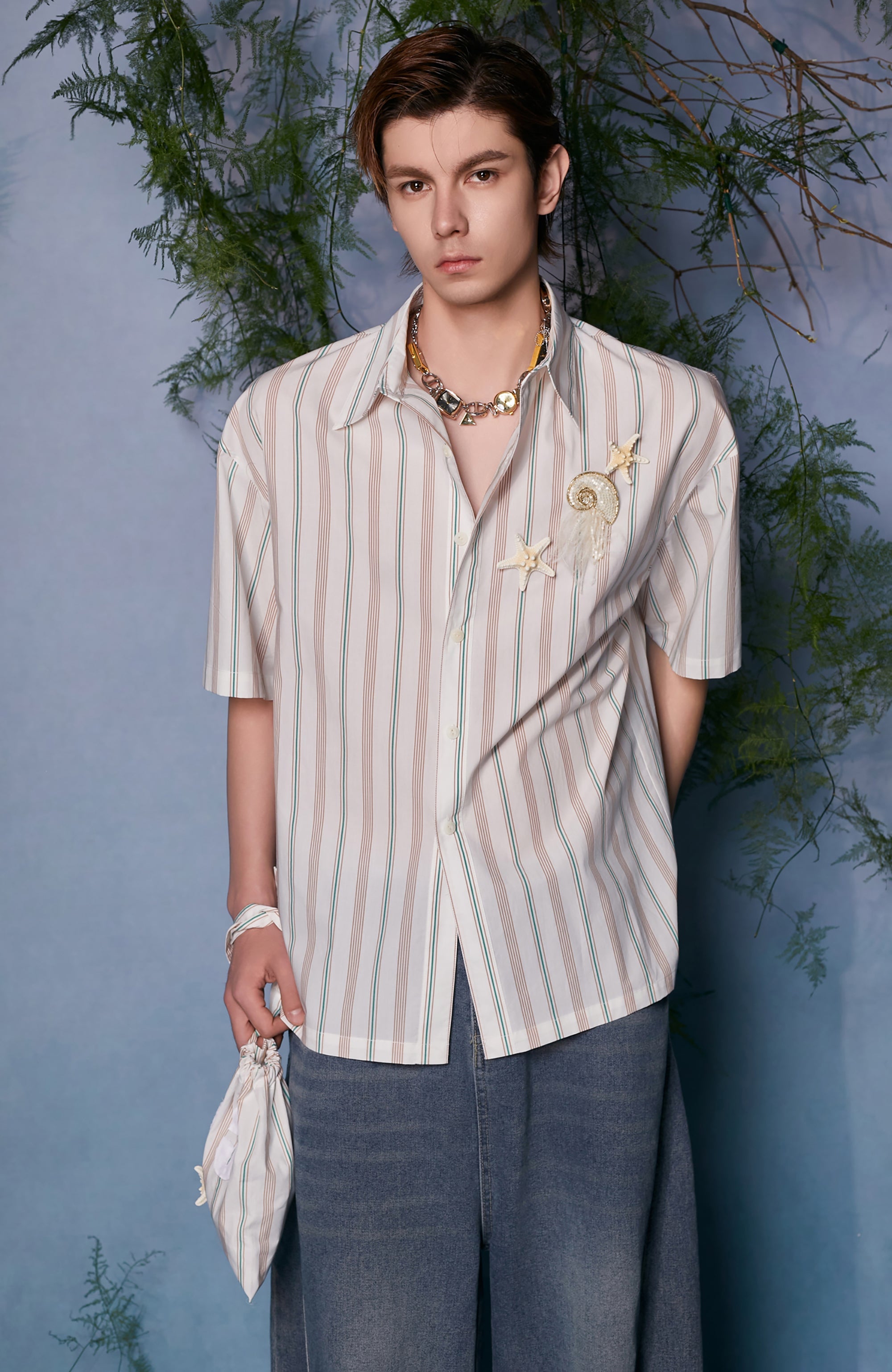 JIECHI Striped Shell-Embellished Half Shirt-Half shirt-M (Preorder)-Free Shipping Leatheretro