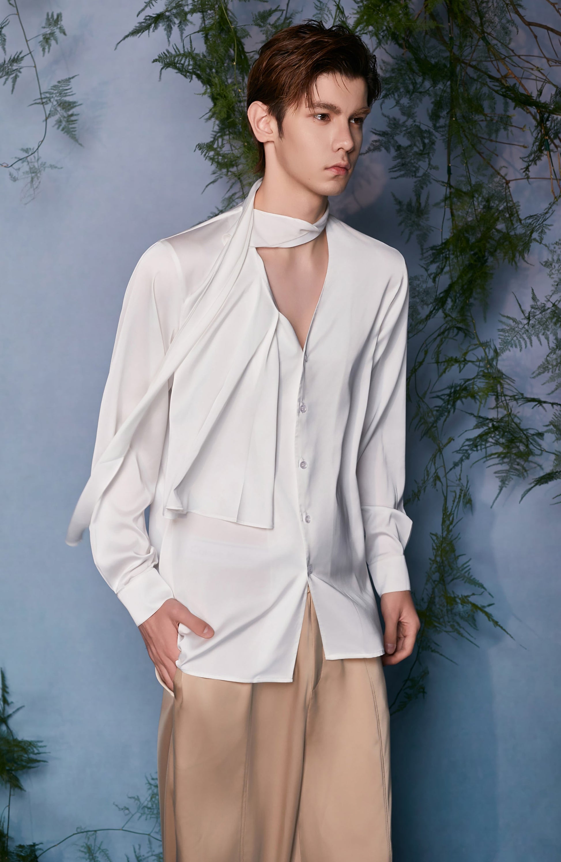 JIECHI Draped Satin Scarf-Collar Shirt-Shirt-M (Preorder)-Free Shipping Leatheretro