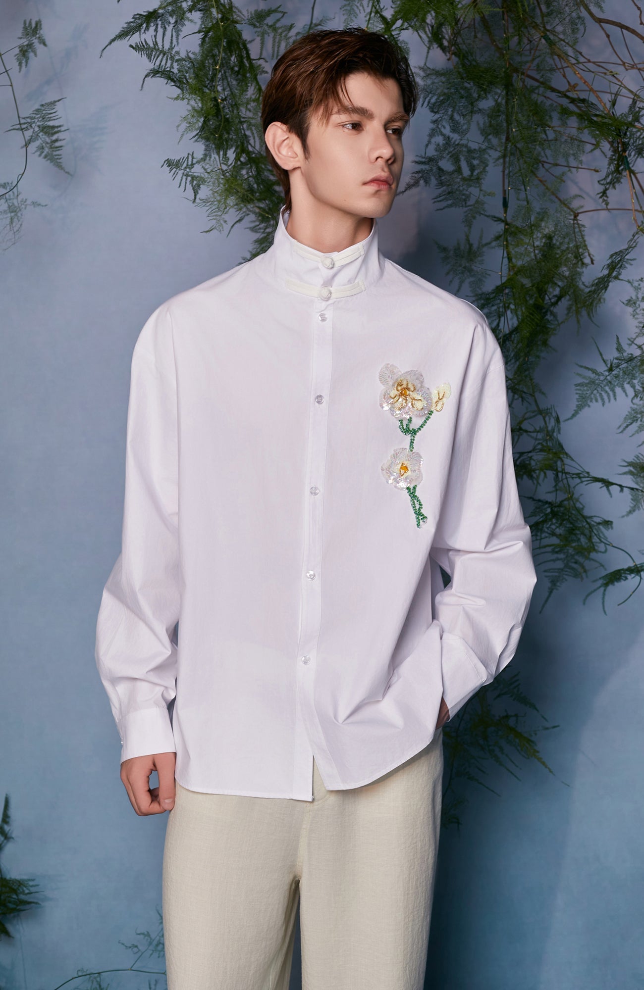 JIECHI Mandarin Collar Floral Embroidered Shirt-Shirt-M (Preorder)-Free Shipping Leatheretro