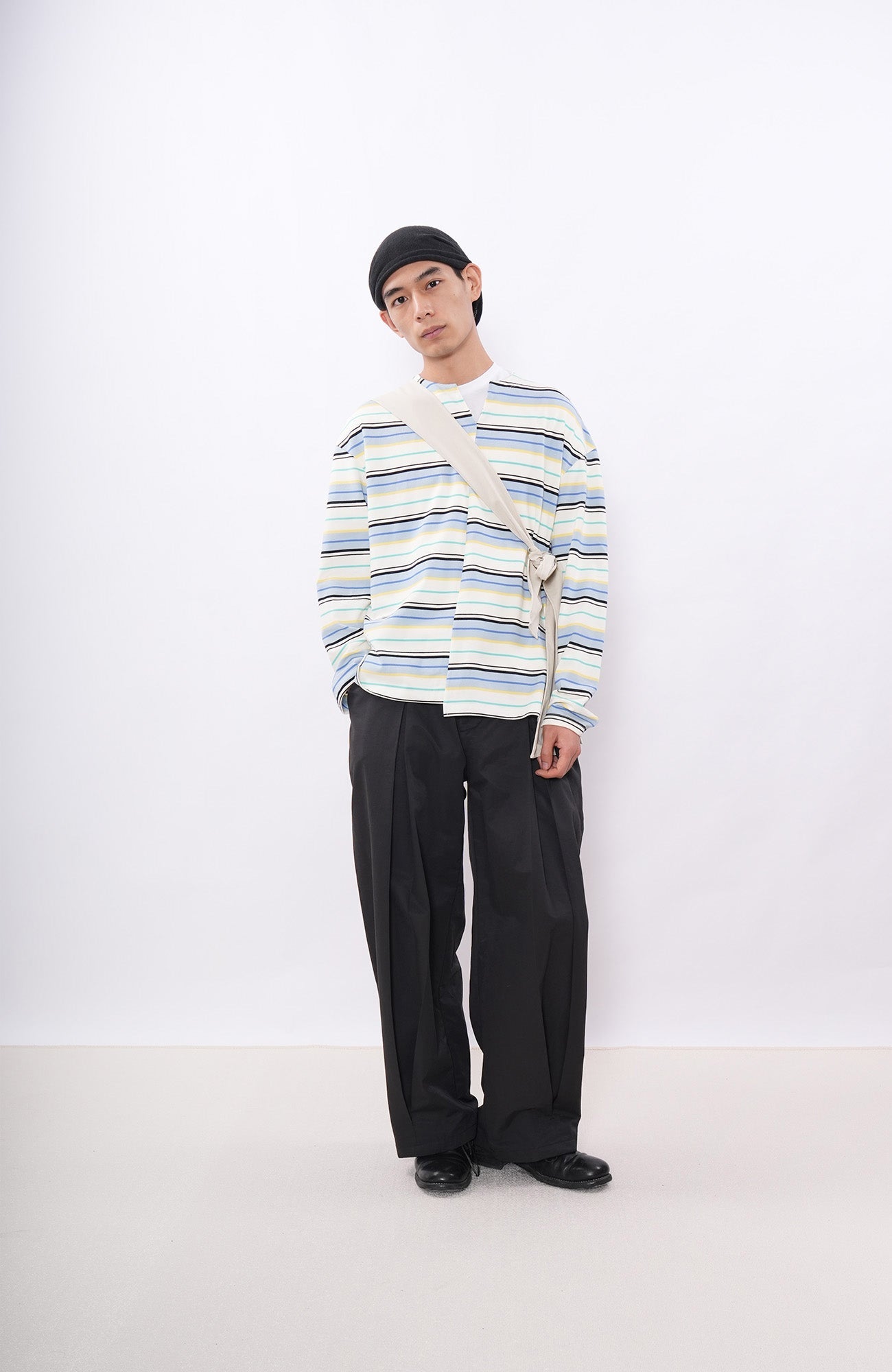 7440 37 1 Asymmetrical Stripe Panel Long Sleeve-L/S Tee-S (Preorder)-Blue and White-Free Shipping Leatheretro