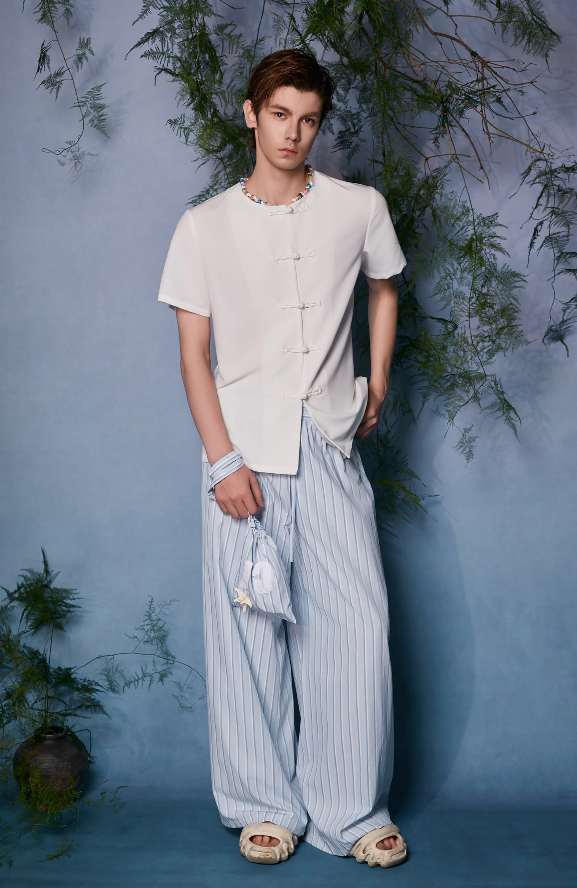 JIECHI Minimal Frog Button Beaded Half Shirt-Half shirt-M (Preorder)-Free Shipping Leatheretro