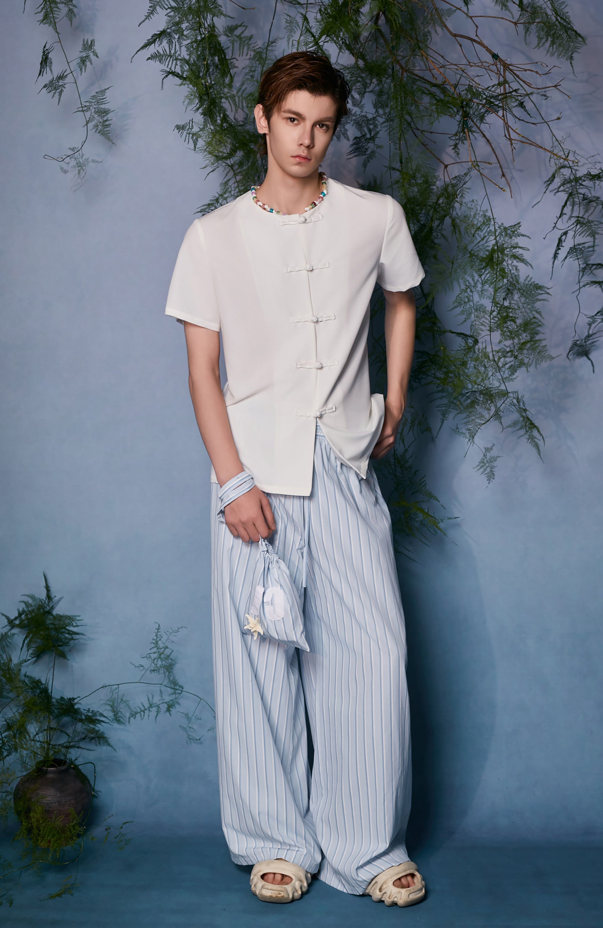 JIECHI Minimal Frog Button Beaded Half Shirt-Half shirt-M (Preorder)-Free Shipping Leatheretro