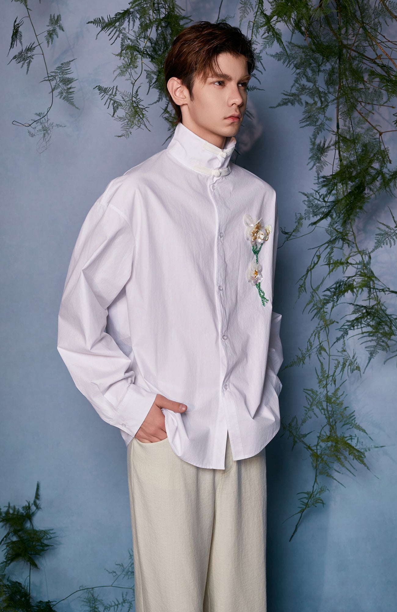 JIECHI Mandarin Collar Floral Embroidered Shirt-Shirt-M (Preorder)-Free Shipping Leatheretro