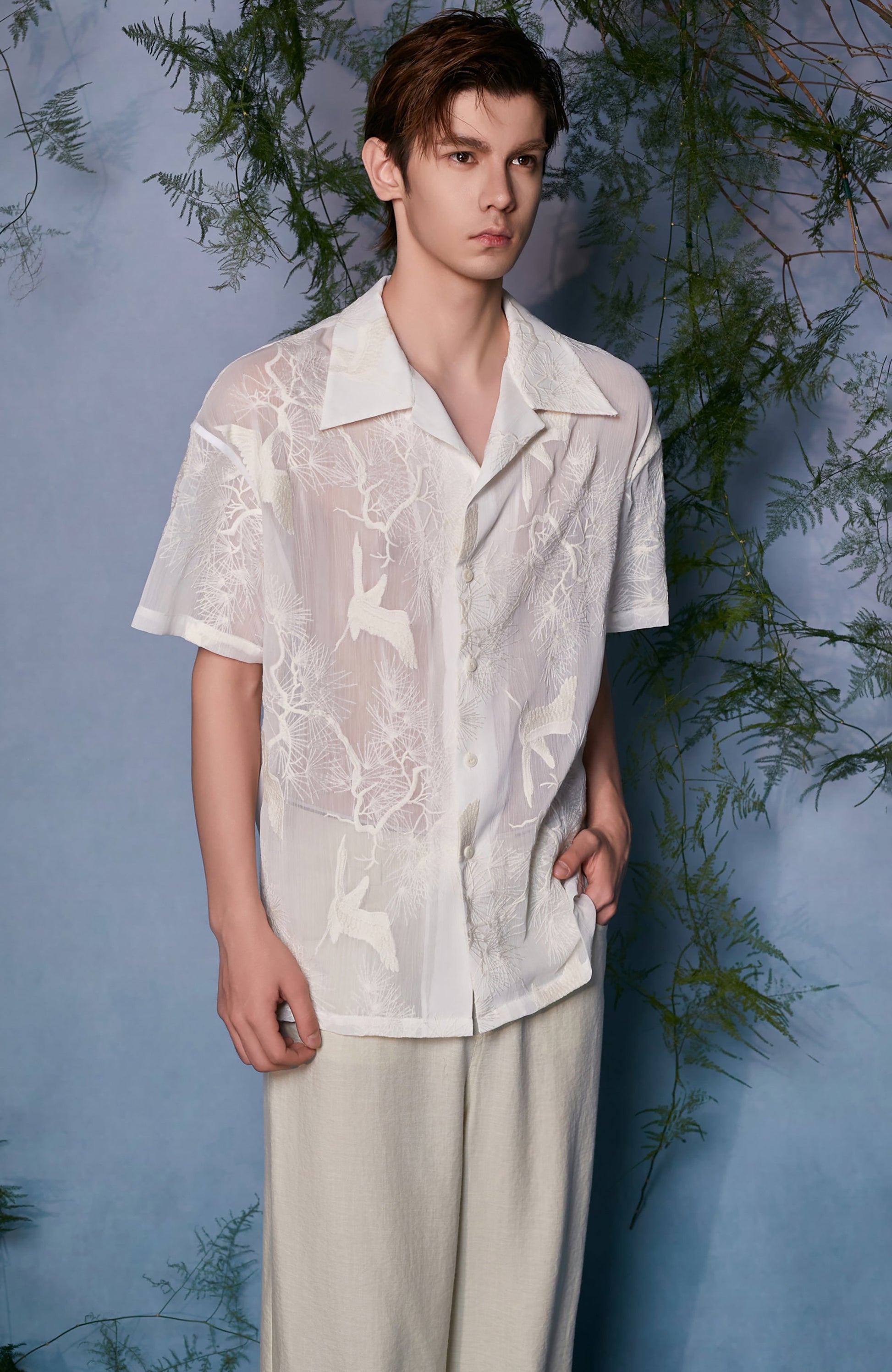 JIECHI Sheer Crane Embroidered Half Shirt-Half shirt-M (Preorder)-Free Shipping Leatheretro