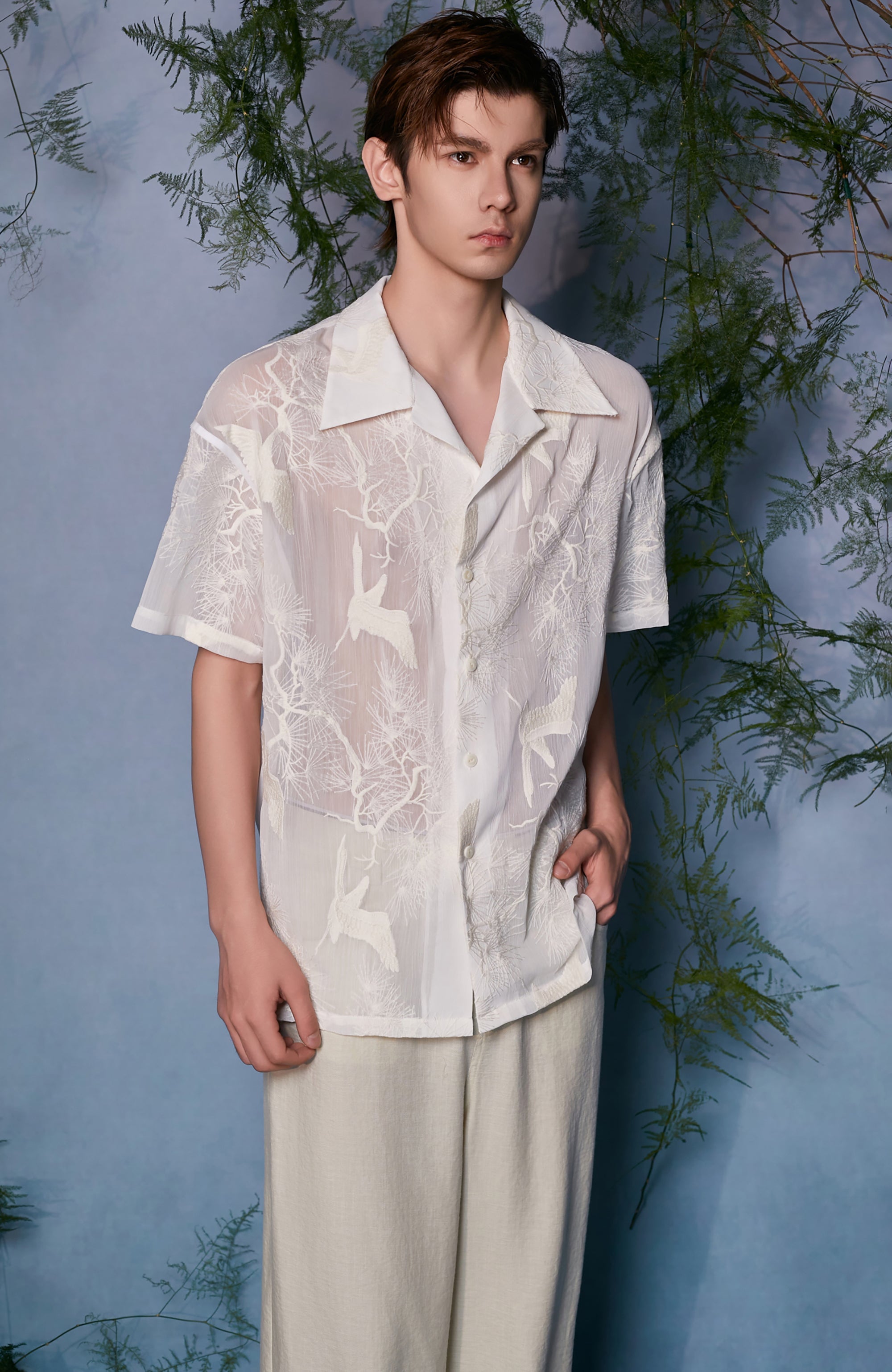 JIECHI Sheer Crane Embroidered Half Shirt-Half shirt-M (Preorder)-Free Shipping Leatheretro