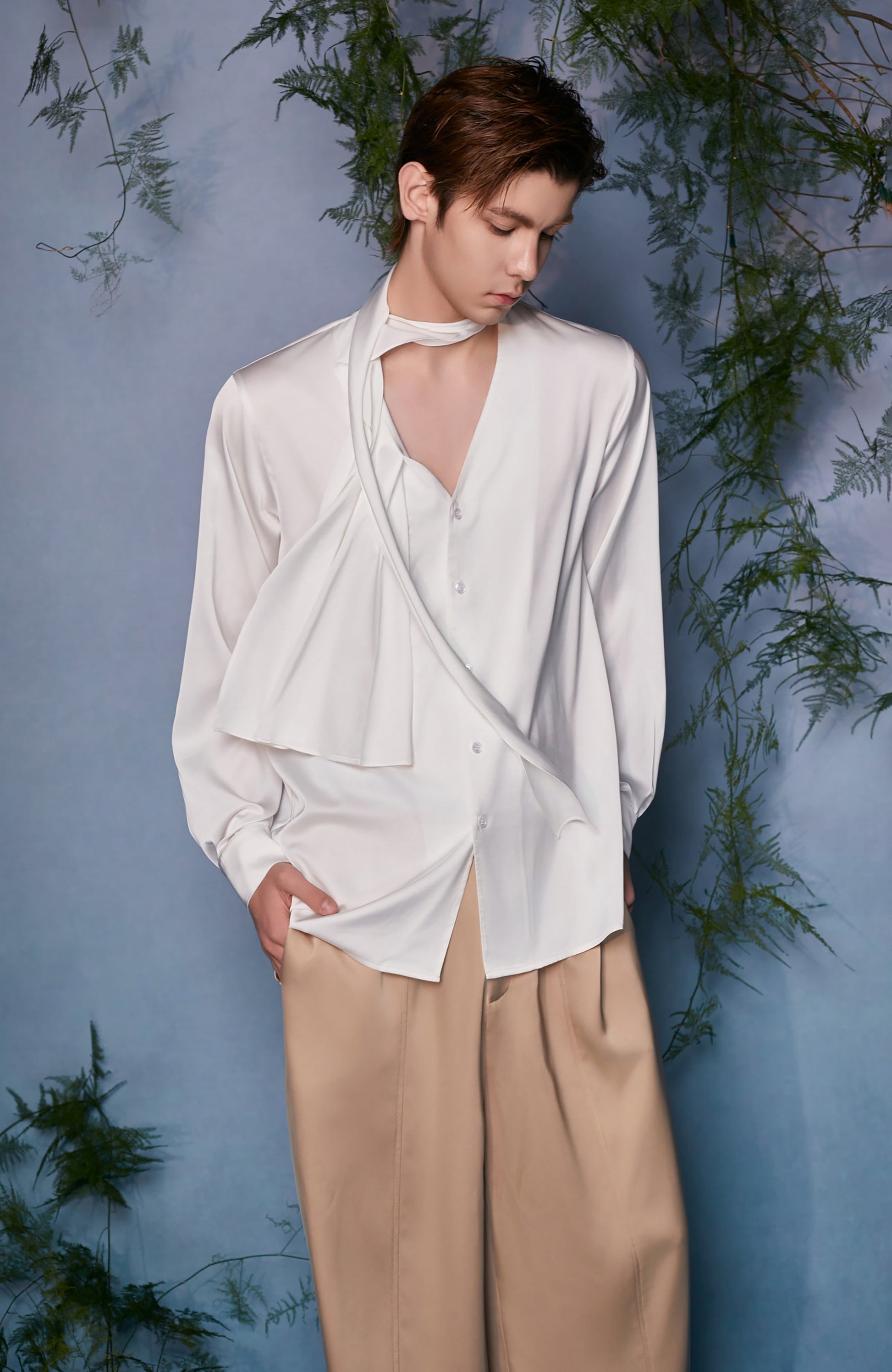 JIECHI Draped Satin Scarf-Collar Shirt-Shirt-M (Preorder)-Free Shipping Leatheretro