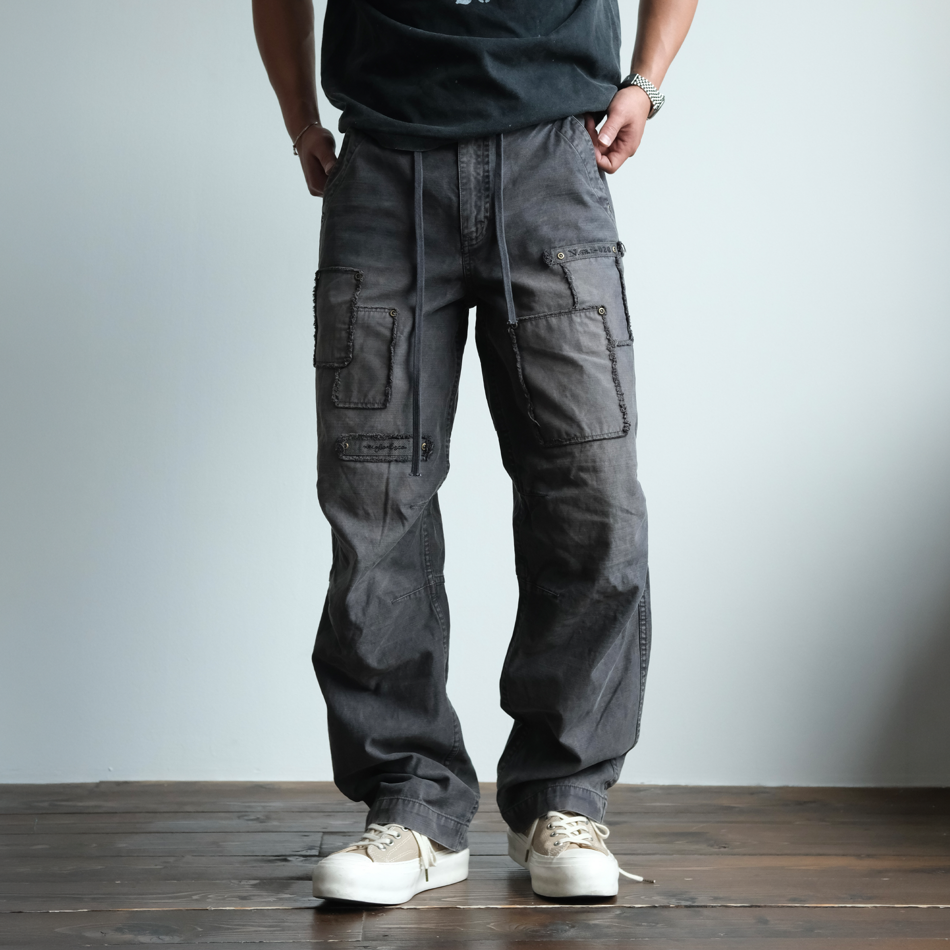 NEIGBORL Retro Washed Distressed Patch Cargo Pants-Pants-S-Free Shipping Leatheretro