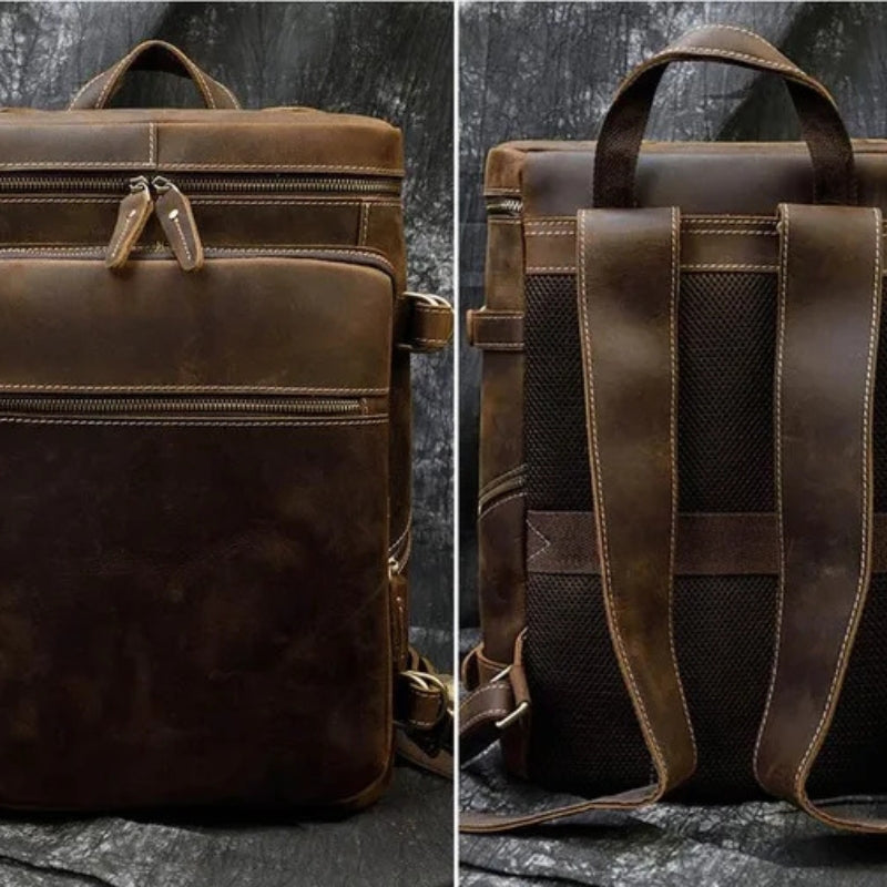 Vintage Crazy Horse Genuine Leather Backpack - Laptop Rucksack Student Bag-Backpacks-Back-Breathable Mesh-Free Shipping Leatheretro