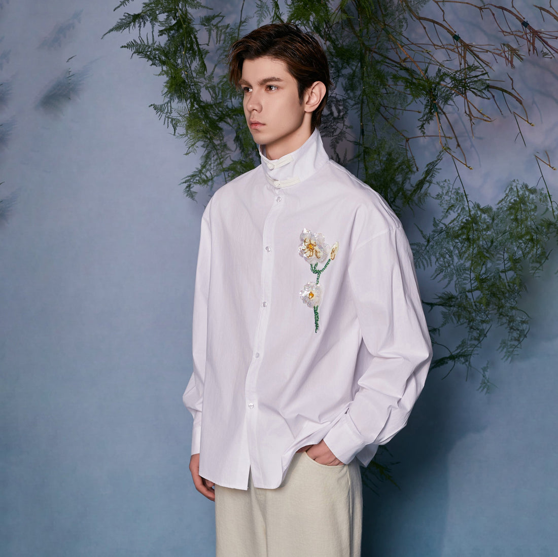 JIECHI Mandarin Collar Floral Embroidered Shirt-Shirt-M (Preorder)-Free Shipping Leatheretro